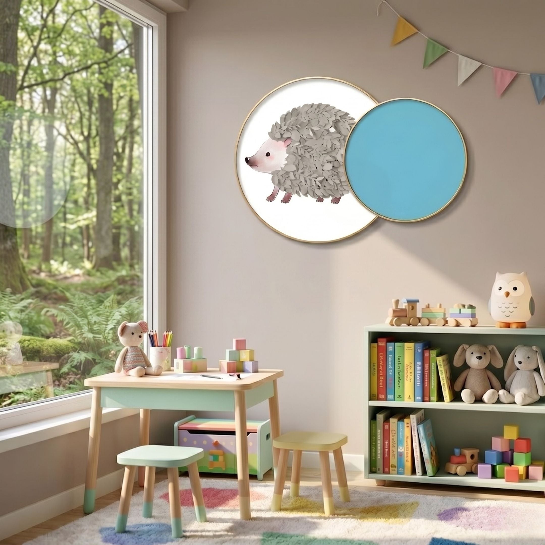 Blossomkin Blue Petal Hedgehog Kids 3D Wall Art by Giant Sculptures, with grey leaf-textured hedgehog and blue petal circles, displayed in a pastel playroom.