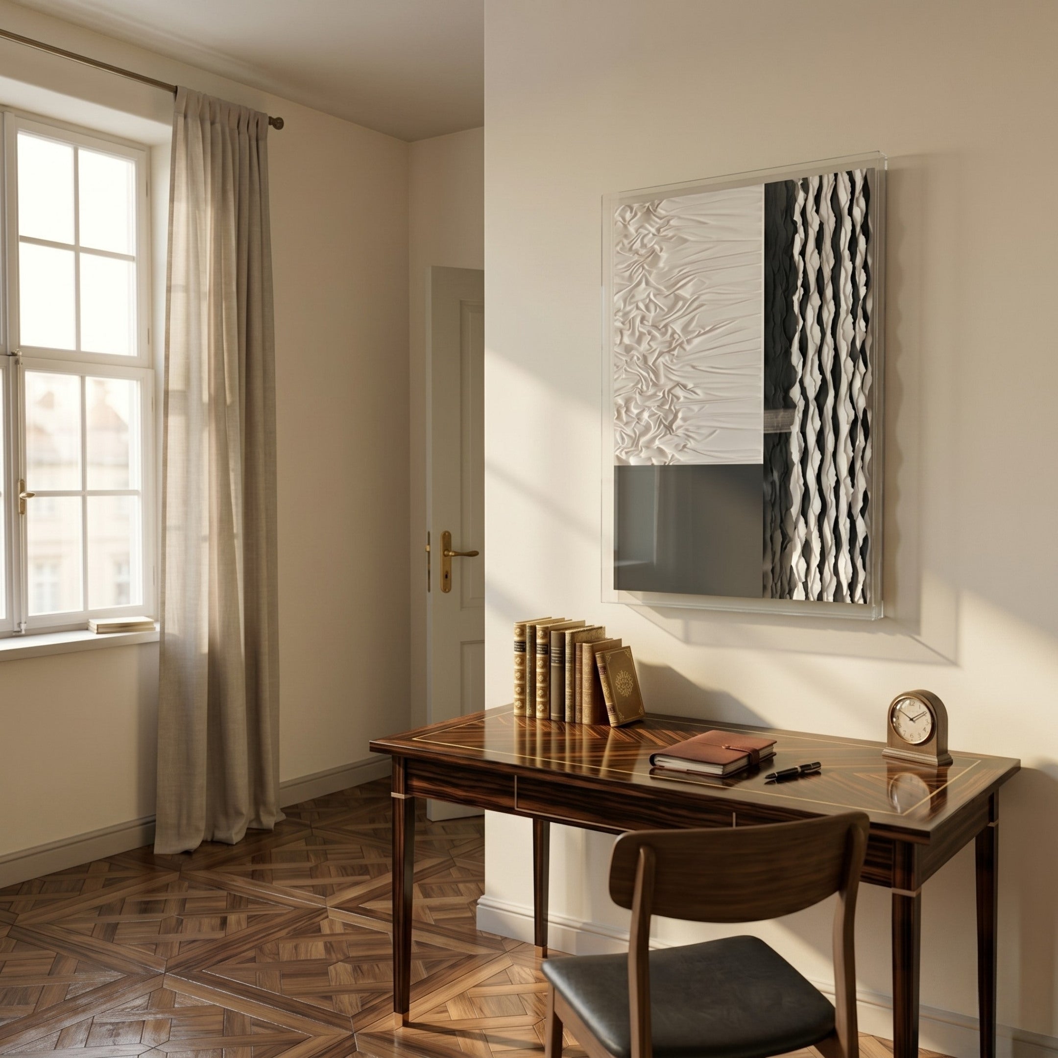 A tidy desk with books, a clock, and a pen sits by sunlit beige curtains. Contemporary decor shines as the Texturien White & Slate Grey Paper Abstract 3D Wall Art by Giant Sculptures hangs above the desk.