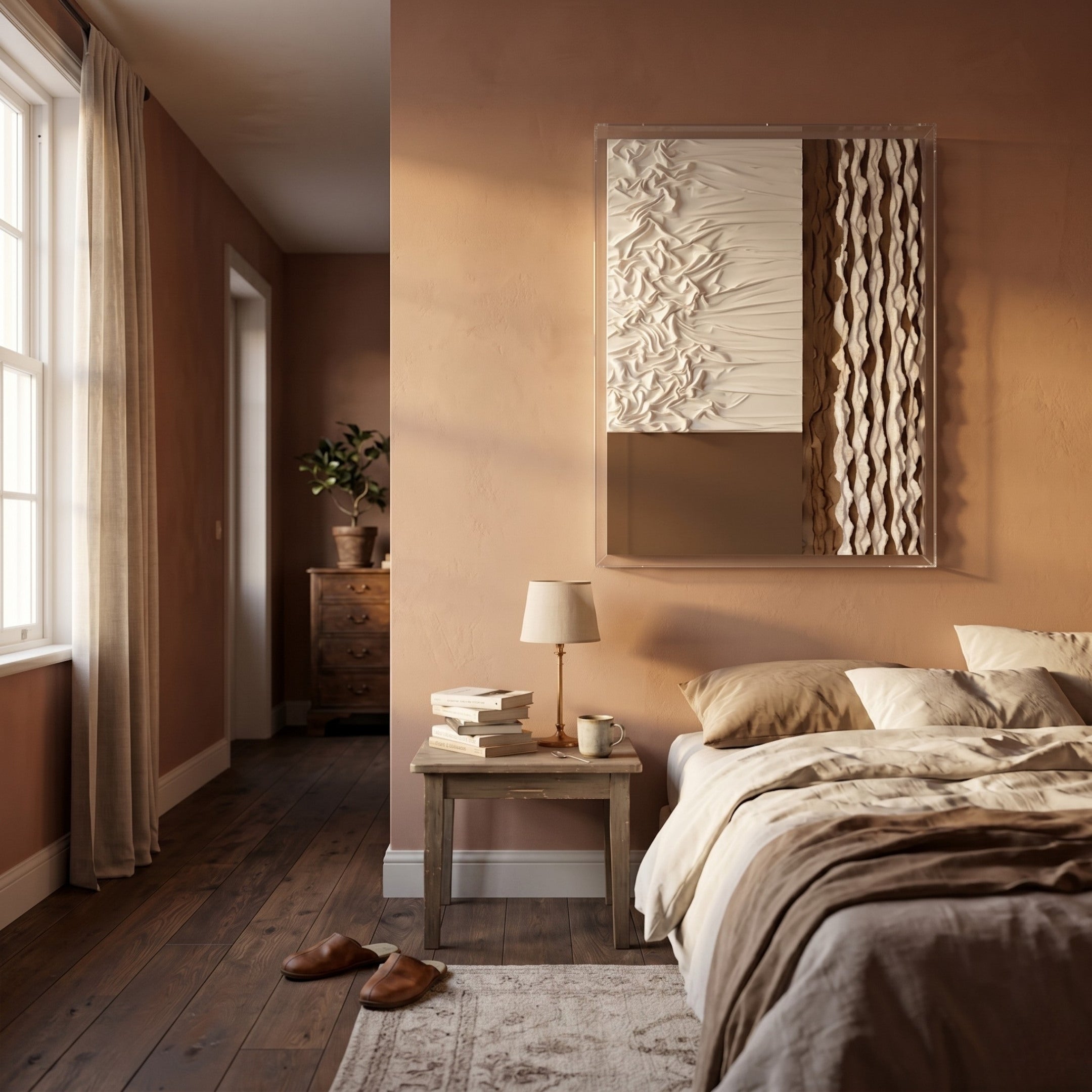 A cozy bedroom with beige walls, a neatly made bed, and soft sunlight through sheer curtains. On the wall above the bed hangs Giant Sculptures' Texturien White & Taupe Paper Abstract 3D Wall Art for a striking accent.