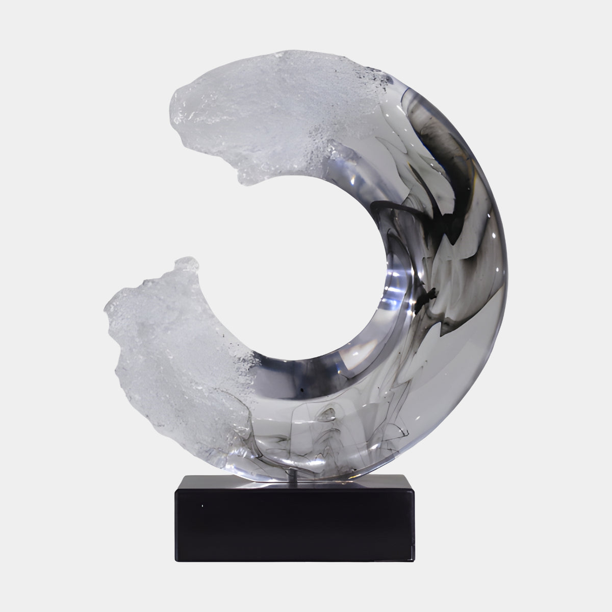 Clear & Smoke Grey Broken Ring Resin Sculpture, 42cm, with frosted ice-like ends on a black marble base, shown against a plain white background.