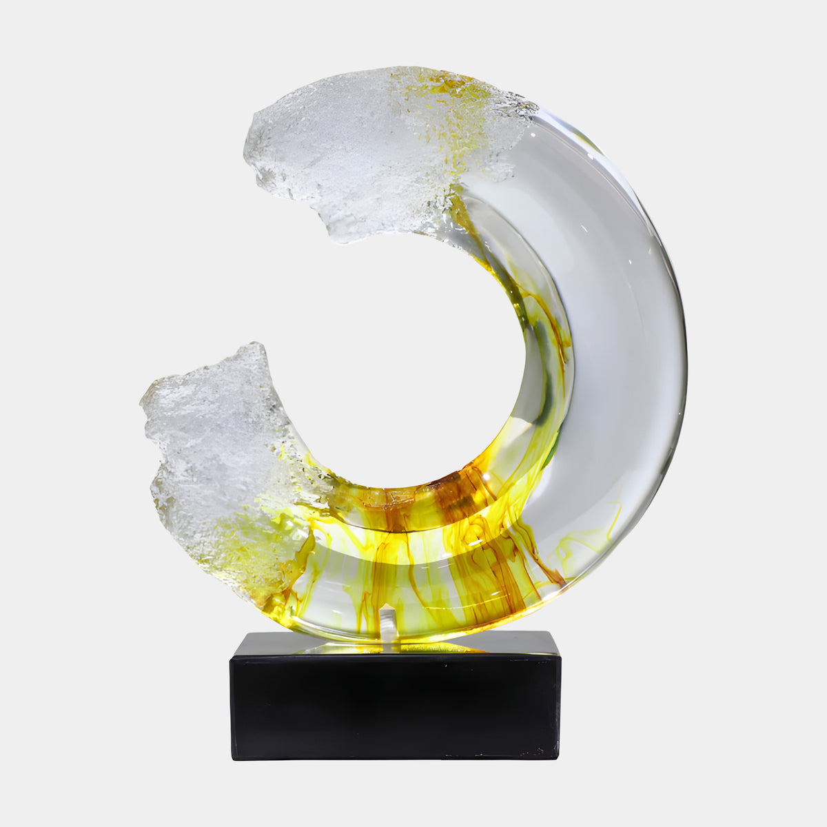 Clear Amber Veined Broken Ring Resin Sculpture, 42cm, with frosted broken ends on a black marble base, shown against a plain white background.