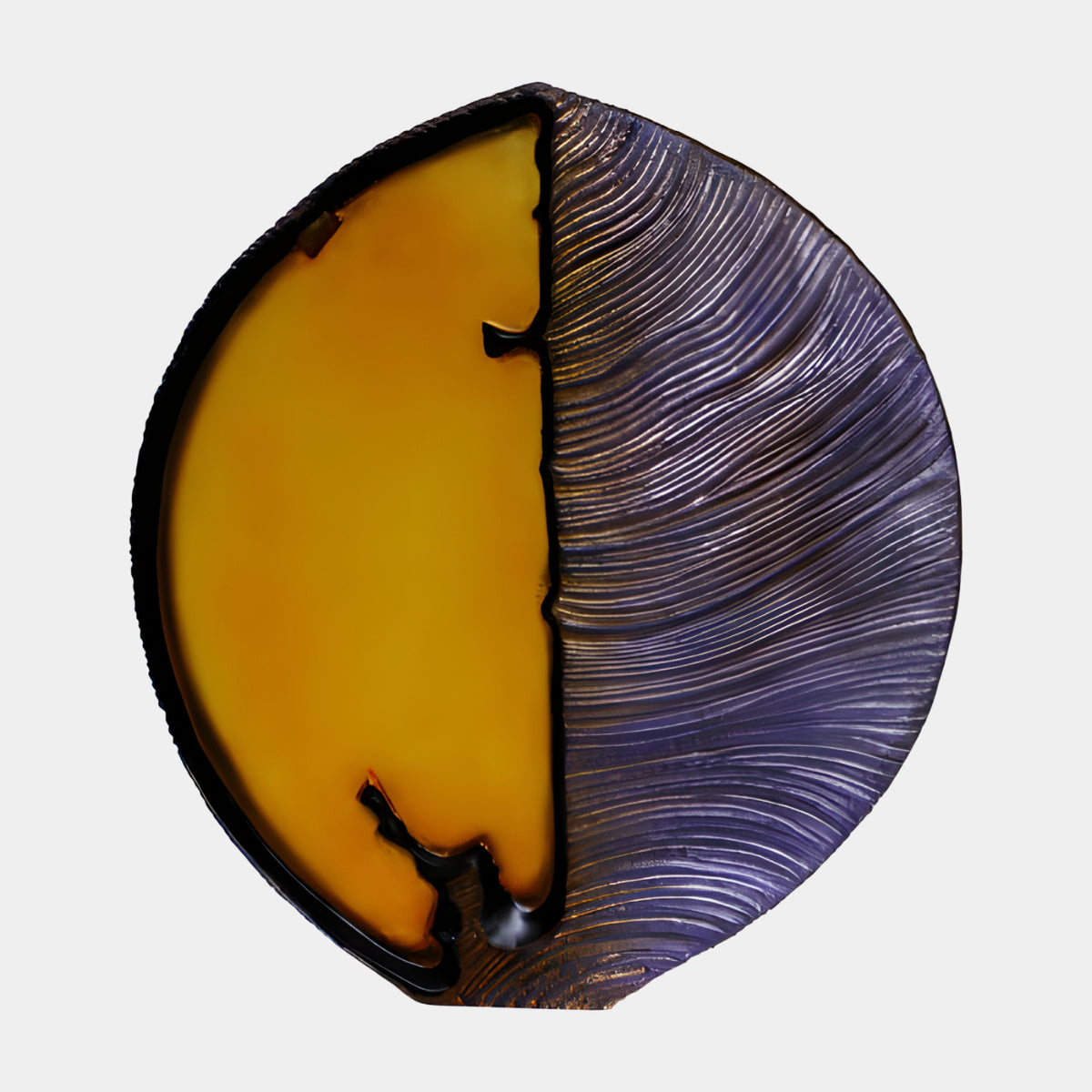 Amber & Violet Two Part Disc Resin Sculpture - 36cm, a round disc split by a ragged seam into smooth amber glass and combed violet texture, shown on a plain white background.