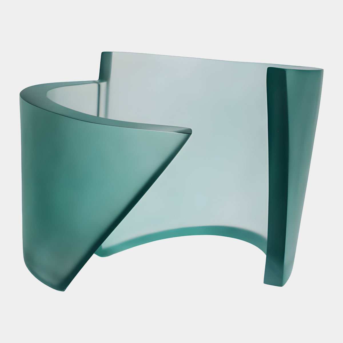 Teal Frosted Rolled Sheet Resin Sculpture, 34cm, a curled cone-to-wall form in translucent teal resin with square-cut edges, shown on a plain white background.