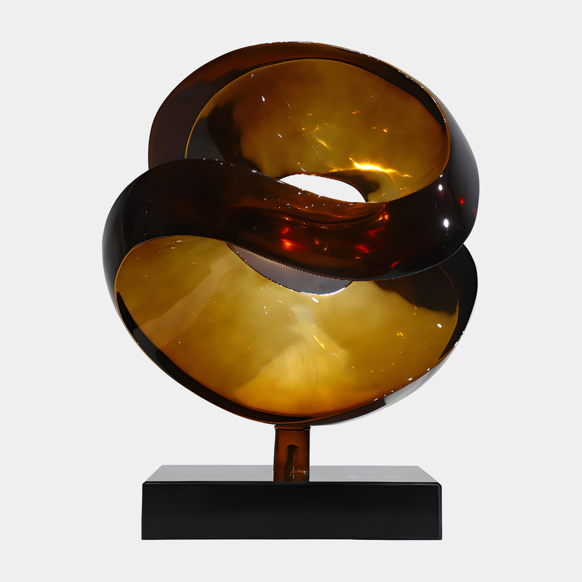 Amber Double Scoop Cut Sphere Resin Sculpture, 45cm, with dark outer skin and golden polished interior on a black marble base, shown against a plain white background.