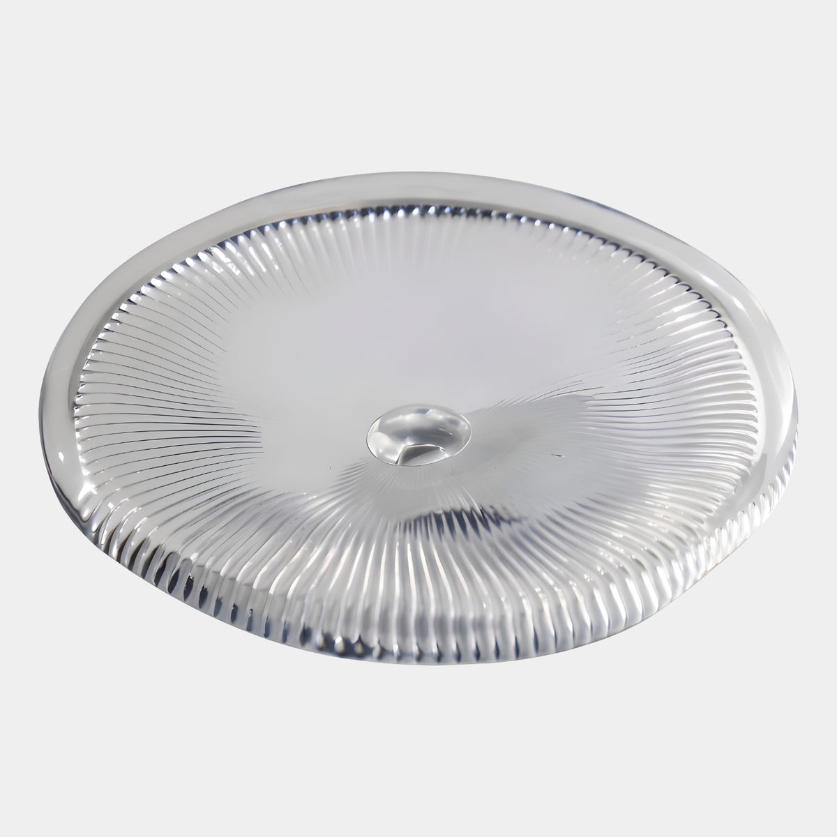 Clear Ribbed Underside Cast Resin Plate (20cm) by Giant Sculptures, shown underside-up with fine radiating ribs around a central boss, on a plain white background.