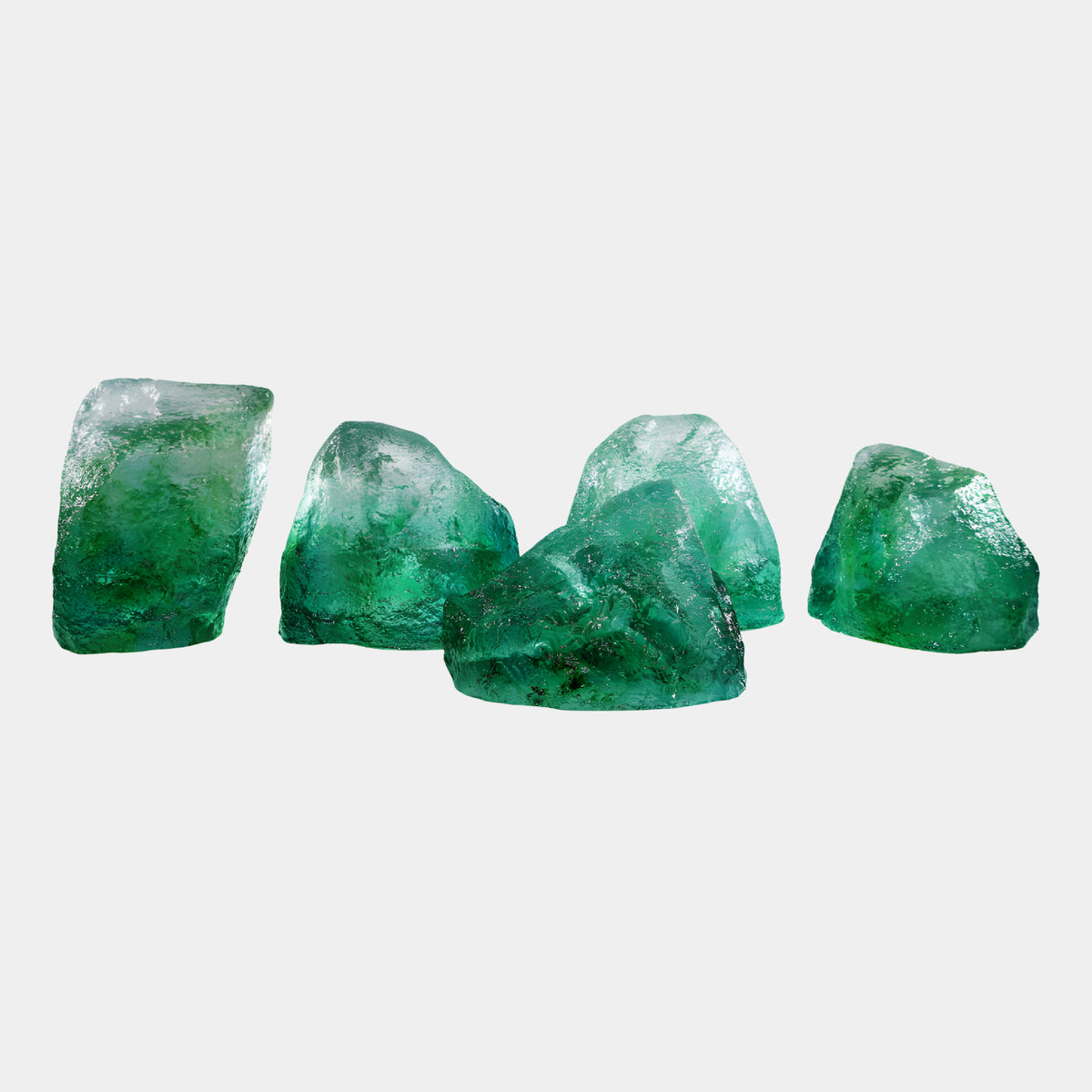 Green Craggy Boulder Resin Sculpture, 35–45cm, five emerald-green rough-textured boulder forms fading lighter at the crown, shown on a plain white background.