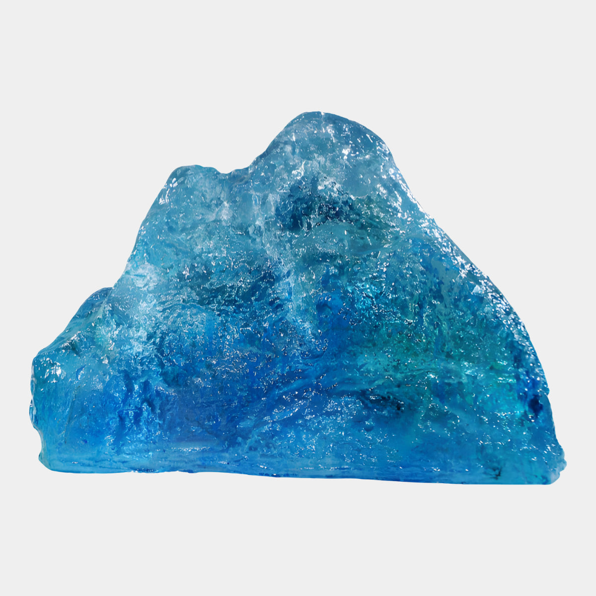 Blue Peaked Craggy Rock Resin Sculpture, 46cm, with a rough granular surface shading from pale aqua at the peak to deep blue at the base, on a plain white background.