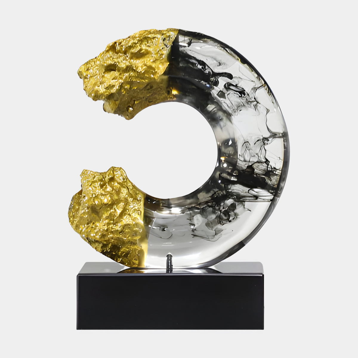 Clear Gold Ink Broken Ring on Marble Resin Sculpture, 32cm, with rough gold ends and black ink swirls, set on a black base against a plain white background.