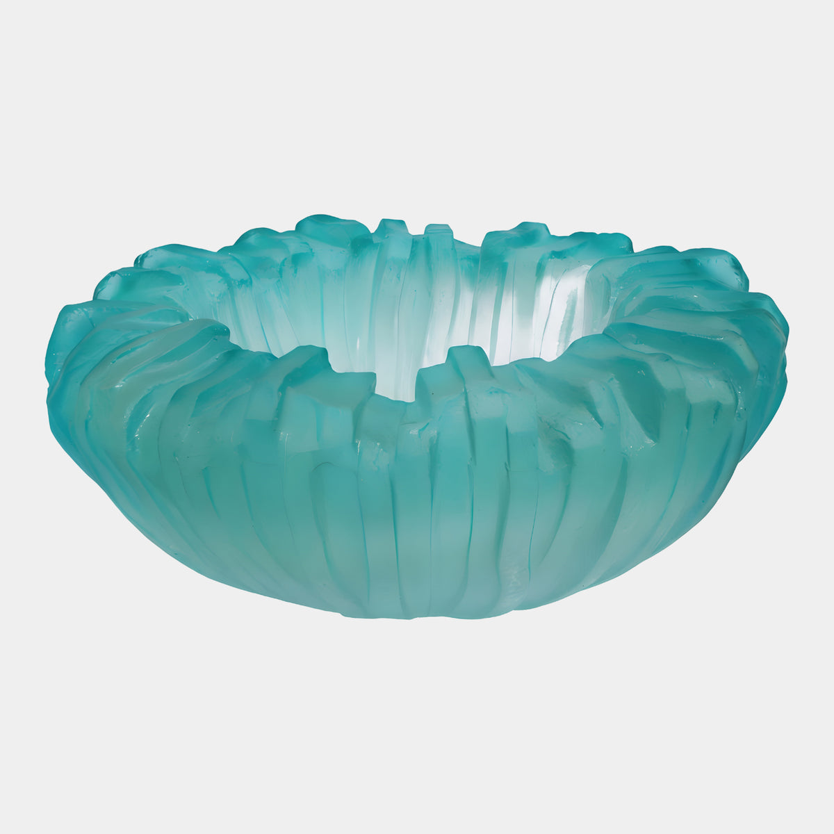 Teal Frosted Ribbed Cast Resin Bowl - 60cm with deep vertical ribs and a broken rim, standing on its own base against a plain white background.