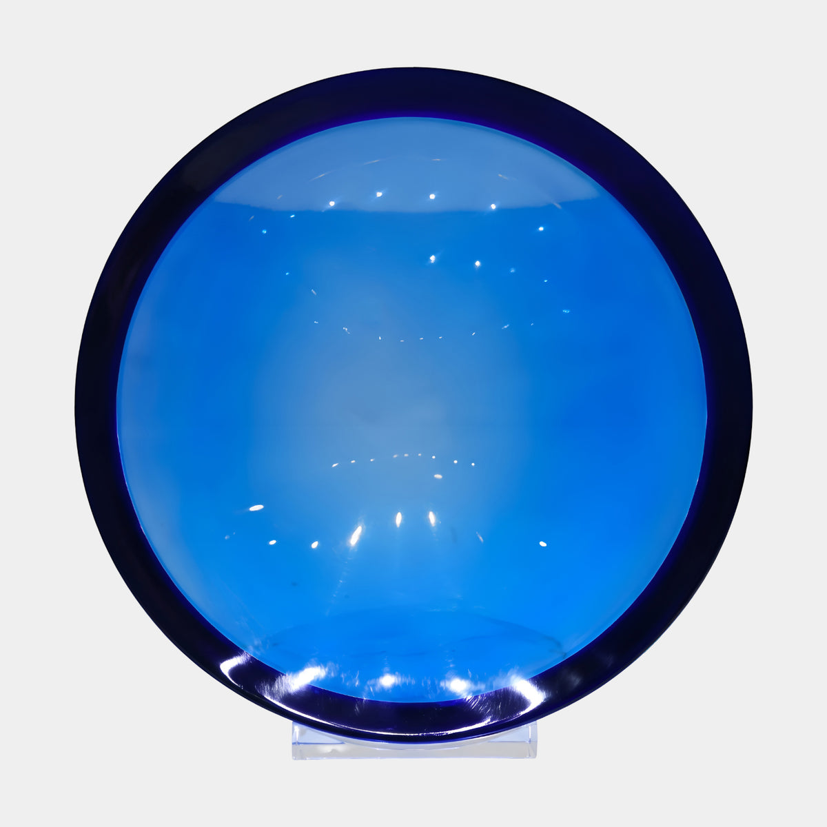 Blue Rimmed Disc on a Clear Stand Resin Sculpture - 30cm