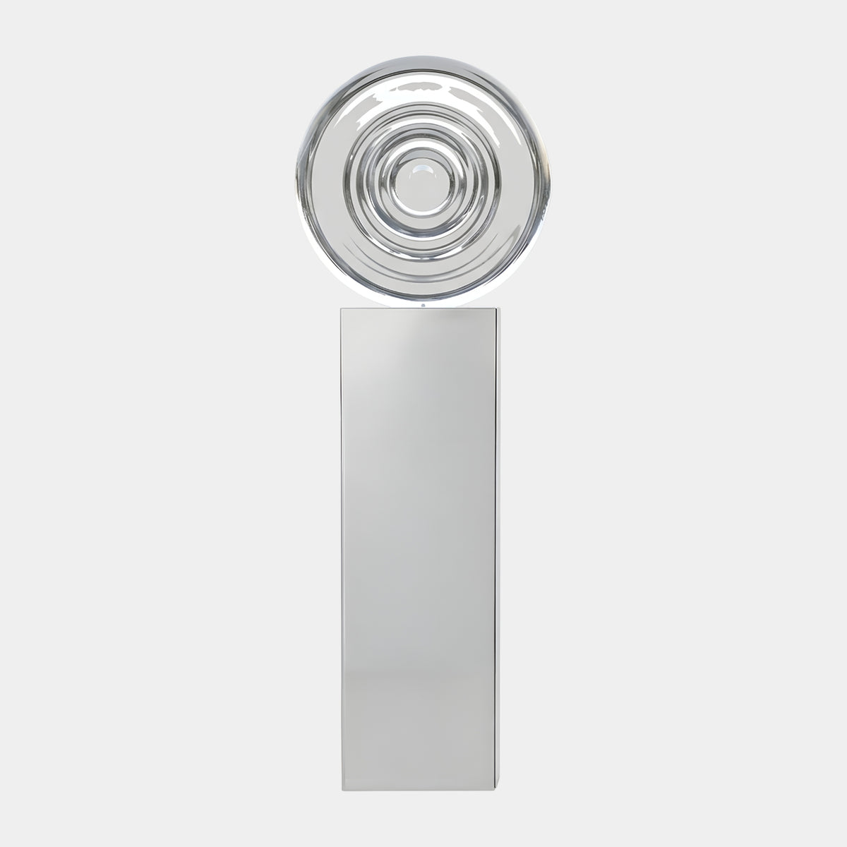Clear Ripple Disc & Steel Column Resin Sculpture, 170cm, with concentric-ringed clear resin disc atop a mirror-polished steel column, on a plain white background.