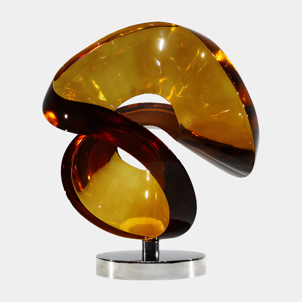 Amber Double Scoop Cut Sphere on Steel Resin Sculpture - 54cm, dark amber swirled form with golden cut interior on a mirror-polished steel disc, white background.