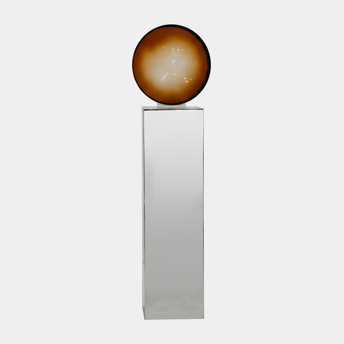 Amber Disc Lamp on a Steel Plinth Acrylic Sculpture, 150cm, with a glowing amber-centered disc atop a mirror-polished stainless steel column, on a plain light background.