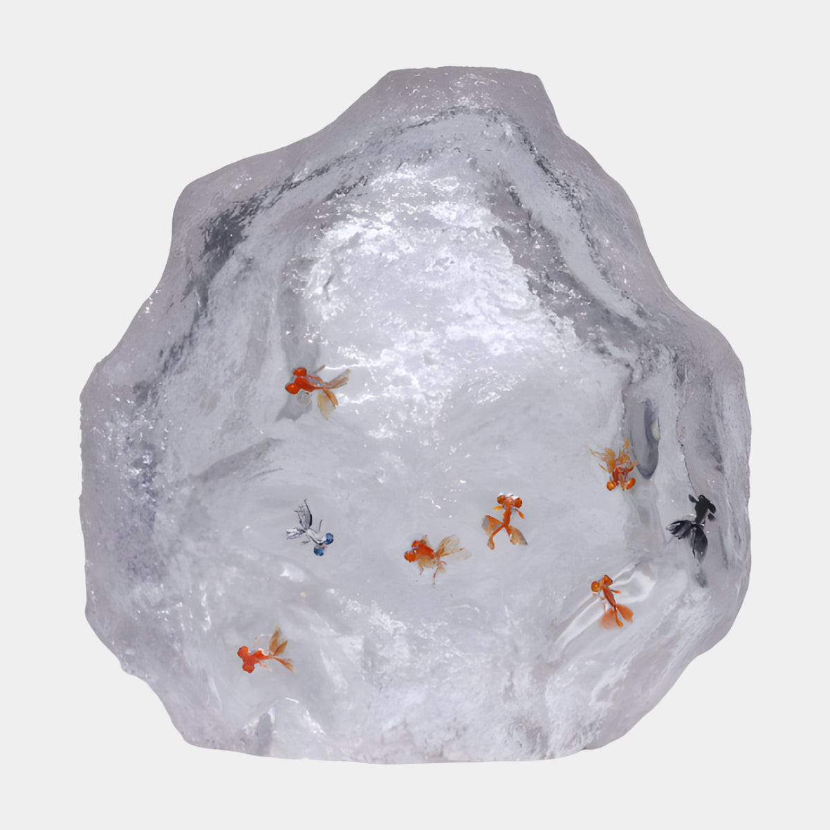 Clear Frosted Ice Block & Goldfish Resin Sculpture - 60cm, rough-edged translucent block with orange, red and black goldfish embedded inside, shown on a plain white background.