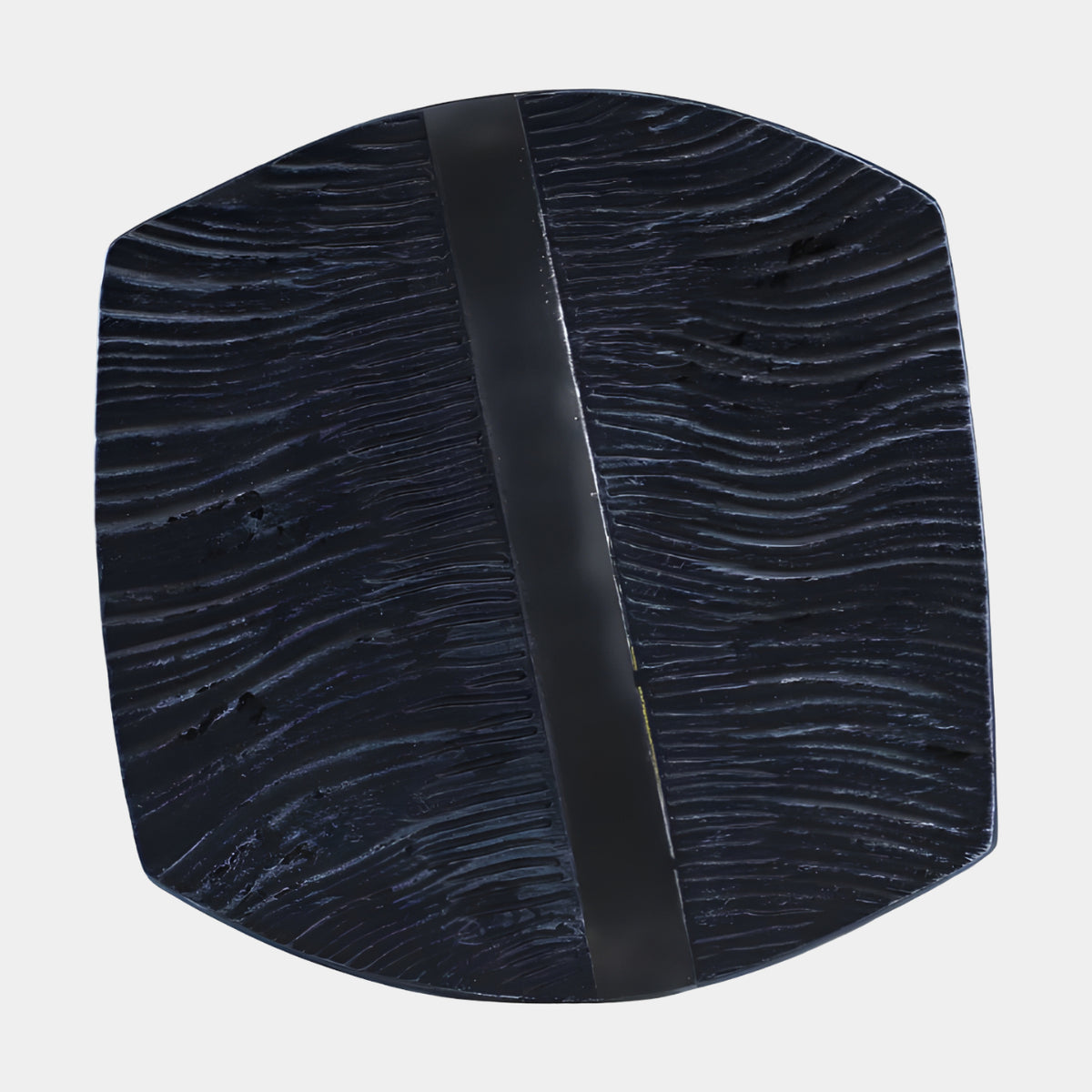 Black Combed Rib Standing Slab Resin Sculpture, 20cm, with horizontal ribbed texture either side of a smooth vertical band, shown on a plain white background.