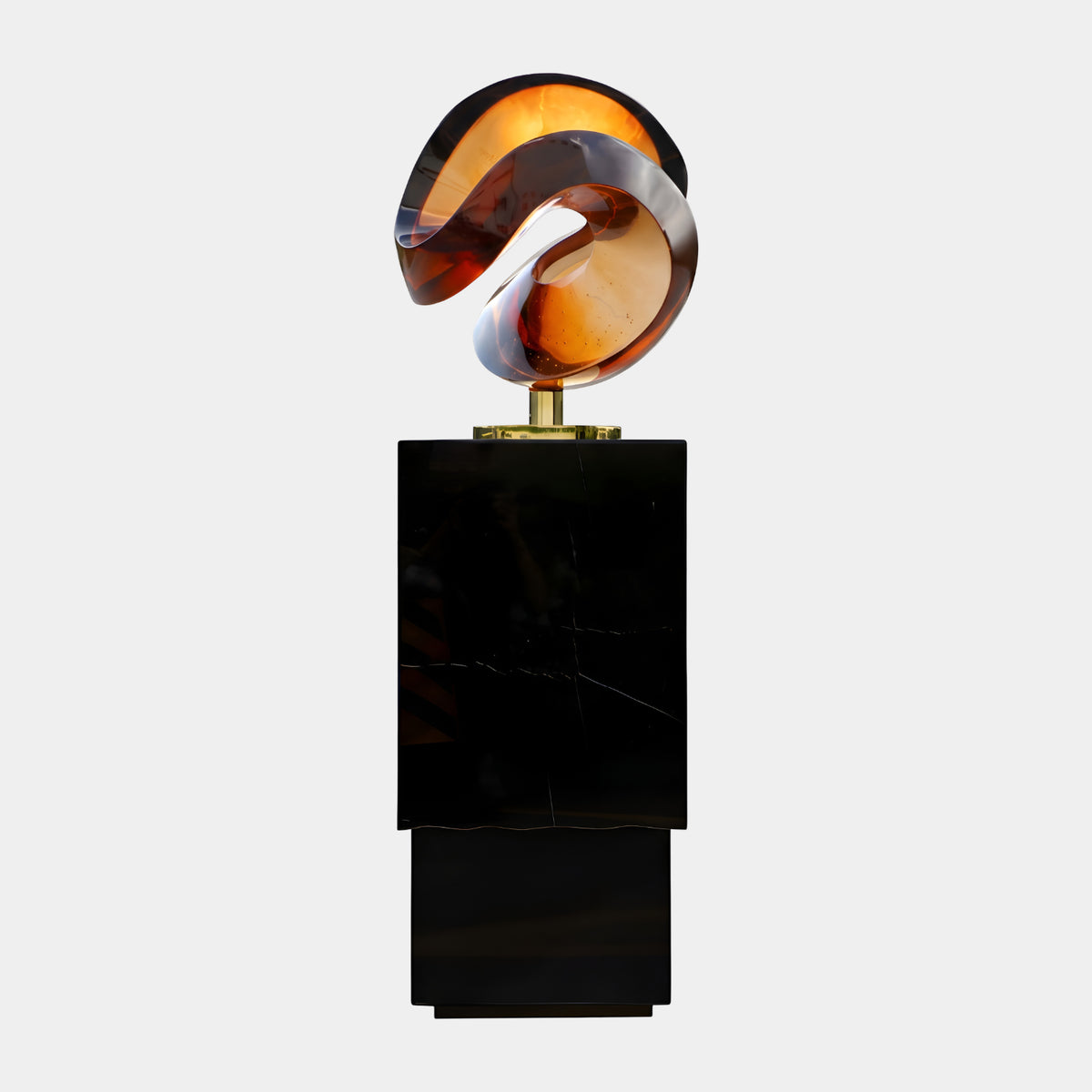 Copper Tone Curl on a Marble Plinth Resin Sculpture, 132cm, a copper-toned curling form on a slim gold stem atop a black marble plinth, set against a plain white background.