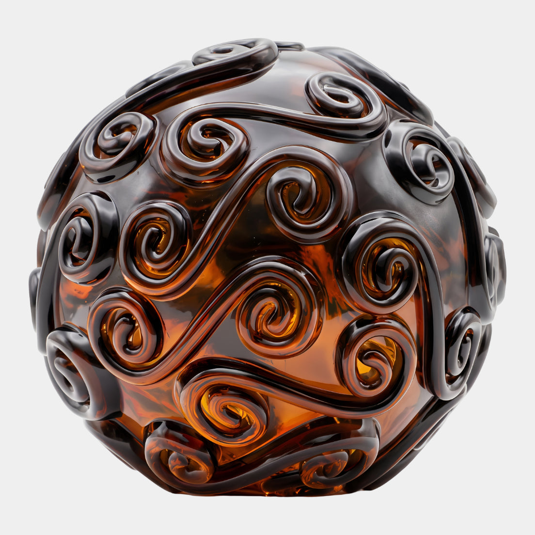 Brown Spiral Relief Sphere Resin Sculpture, 25cm, amber translucent resin ball with raised swirling spirals, shown on a plain white background.