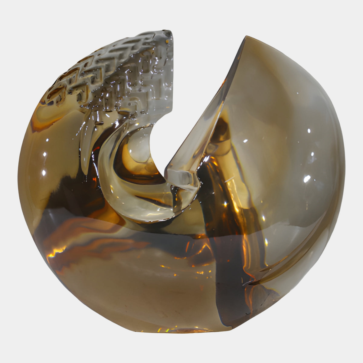 Amber Combed Spiral Wound Form Resin Sculpture, 34cm, with one lobe combed into a grid pattern and the other clear, resting on its curved base against a plain white background.