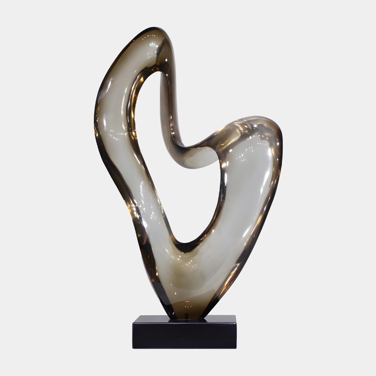 Smoke Curved Ribbon on Marble Resin Sculpture - 81cm, a polished smoky grey-brown S-shaped form on a black marble base, shown against a plain light background.