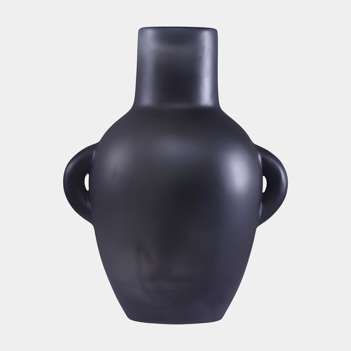 Matt Black Two Handled Vase Resin Sculpture, 41cm, with a rounded body and small loop handles at the shoulders, shown on a plain light grey background.
