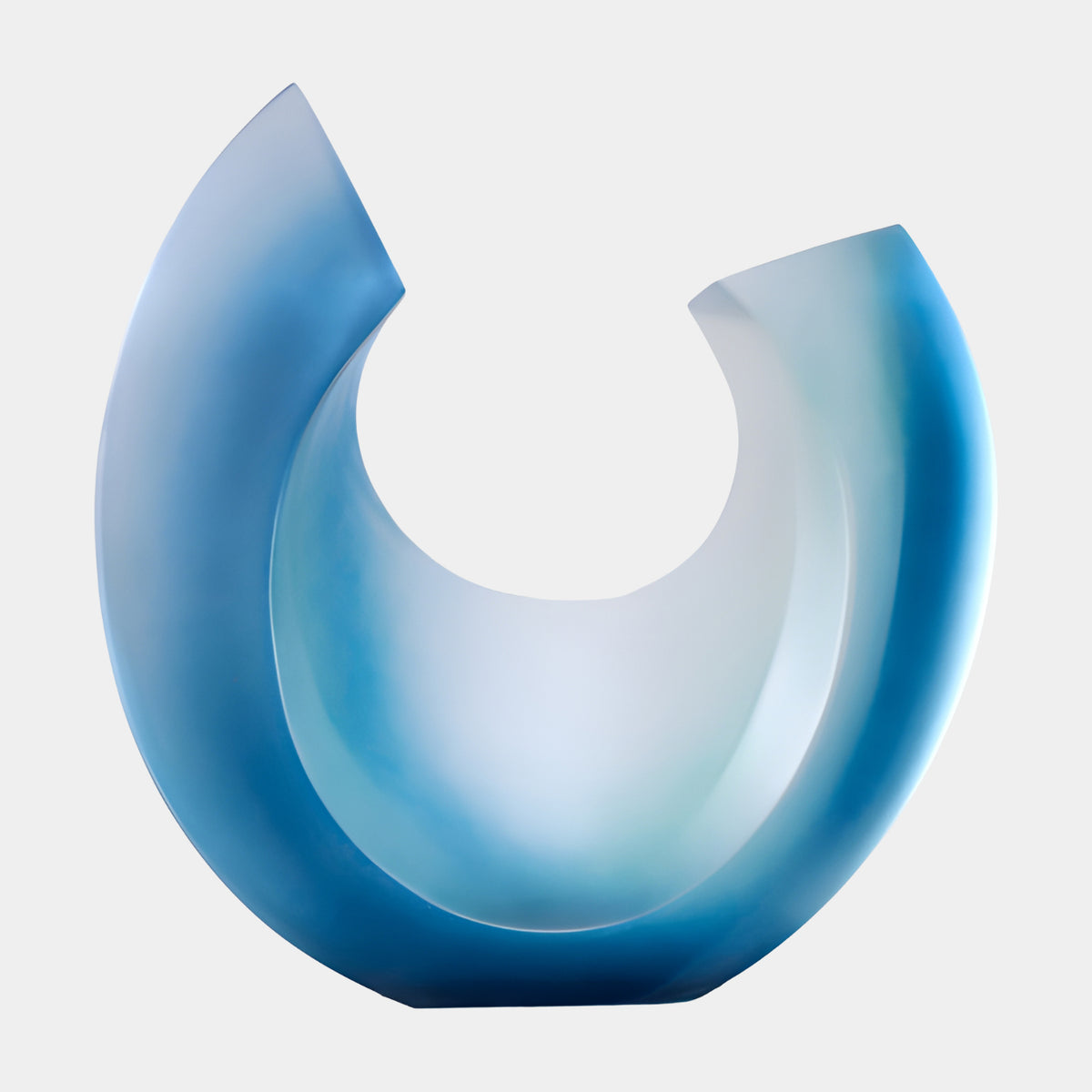 Blue Frosted Open Crescent Resin Sculpture, 60cm, with uneven horns, blue fading to white on the inner curve, resting on its two ends against a plain white background.