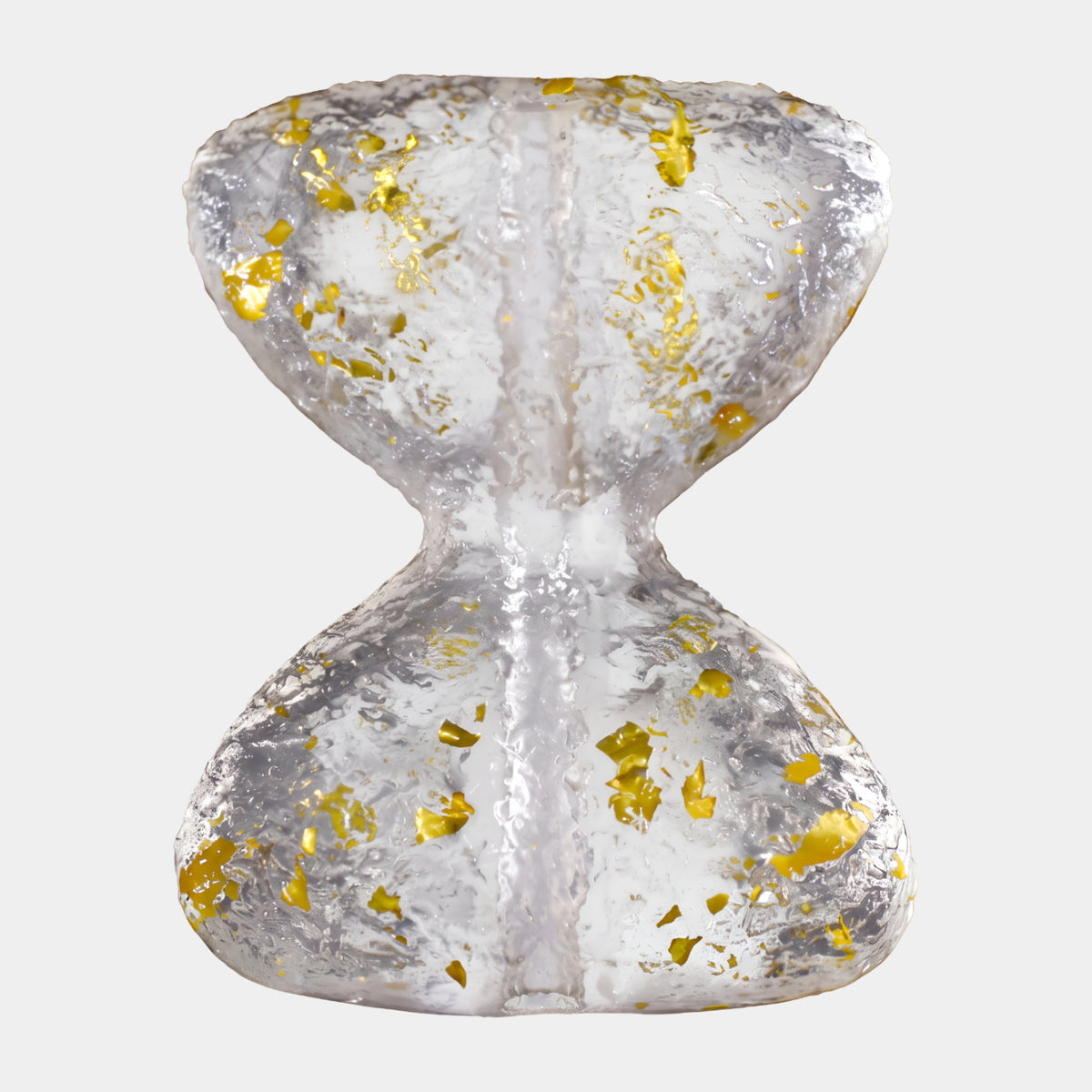 Clear Gold Leaf Hourglass Resin Sculpture - 18cm, a waisted double-cone form with textured, bubbled surface and gold leaf flecks, shown on a plain white background.