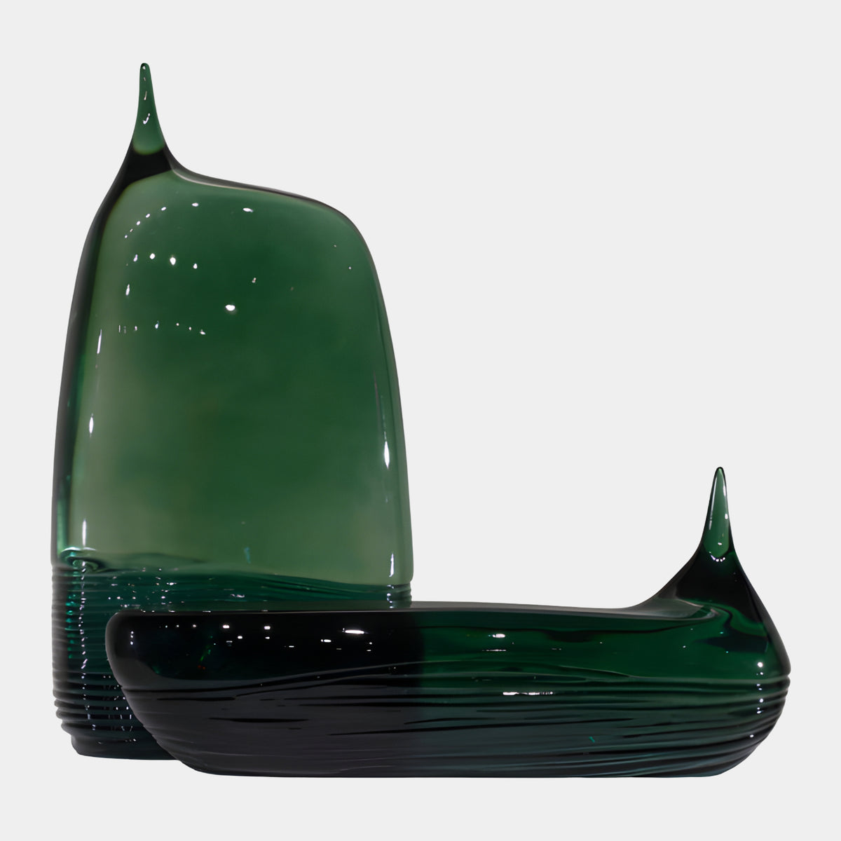 Green Fluted Teardrop Resin Sculpture - 50cm, glossy bottle green standing and lying teardrop forms with fluted bases, shown on a plain white background.