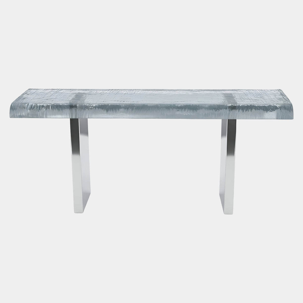 Clear Chopped Face Acrylic Bench on Steel Legs (130cm) by Giant Sculptures, showing a textured clear acrylic seat on silver steel legs against a plain white background.