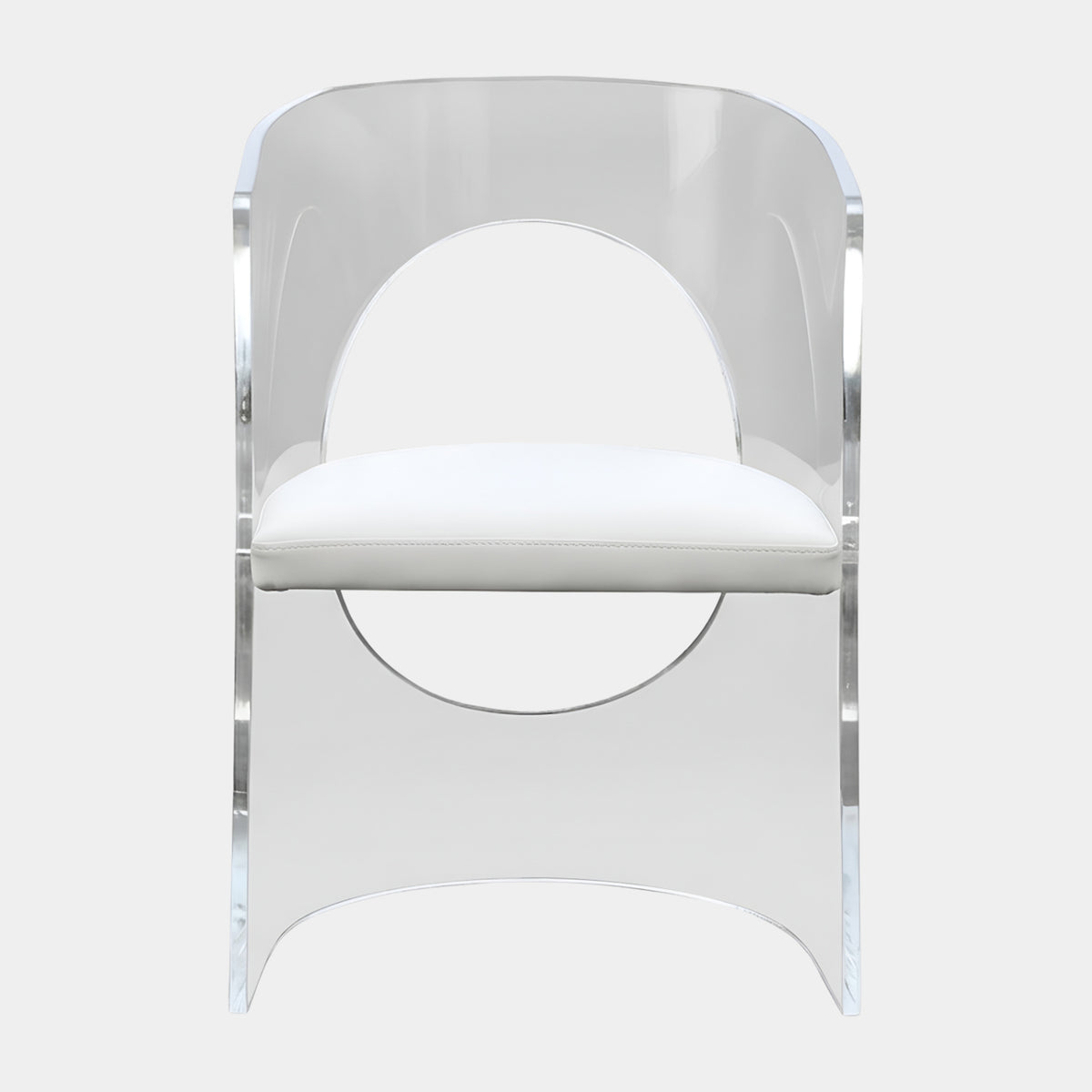 Clear Arched Cut Acrylic Armchair with Cream Seat, 80cm, by Giant Sculptures, a bent acrylic shell forming arms and back with an arched cutout, shown on a plain white background.