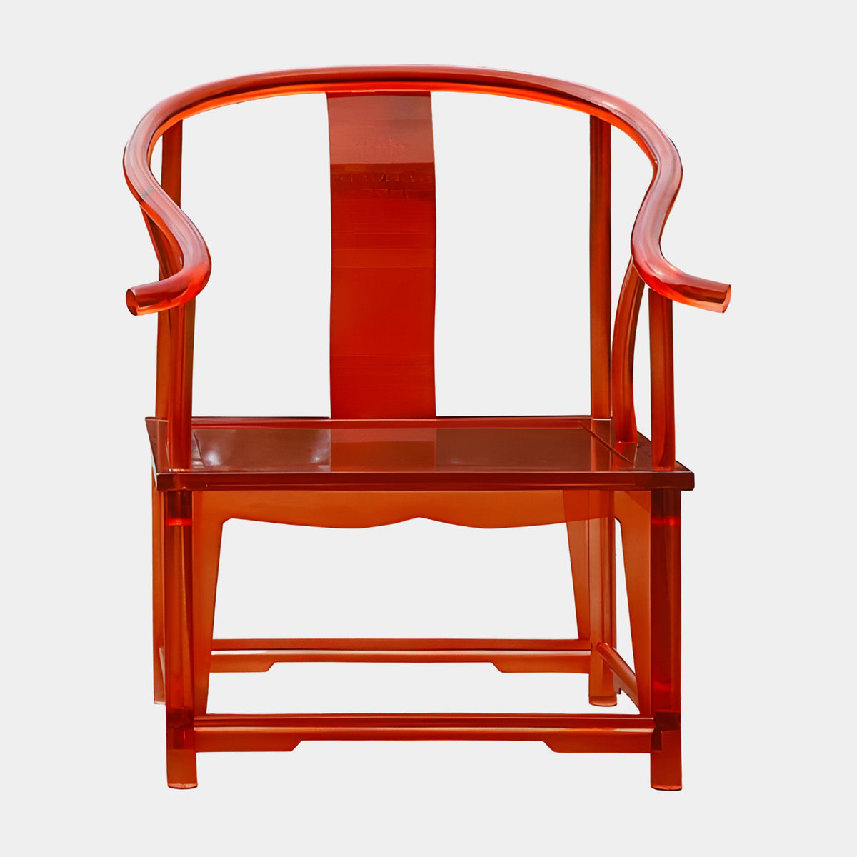 Amber Traditional Horseshoe Acrylic Armchair, 94cm, in translucent amber with scrolled arms, shaped splat, and stretcher base, shown on a plain white background.
