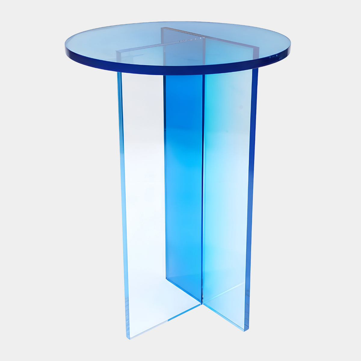 Blue Graded Round Acrylic Side Table on Crossed Blades - 58cm, with a round blue-tinted top and an X-shaped acrylic base, shown against a plain white background.