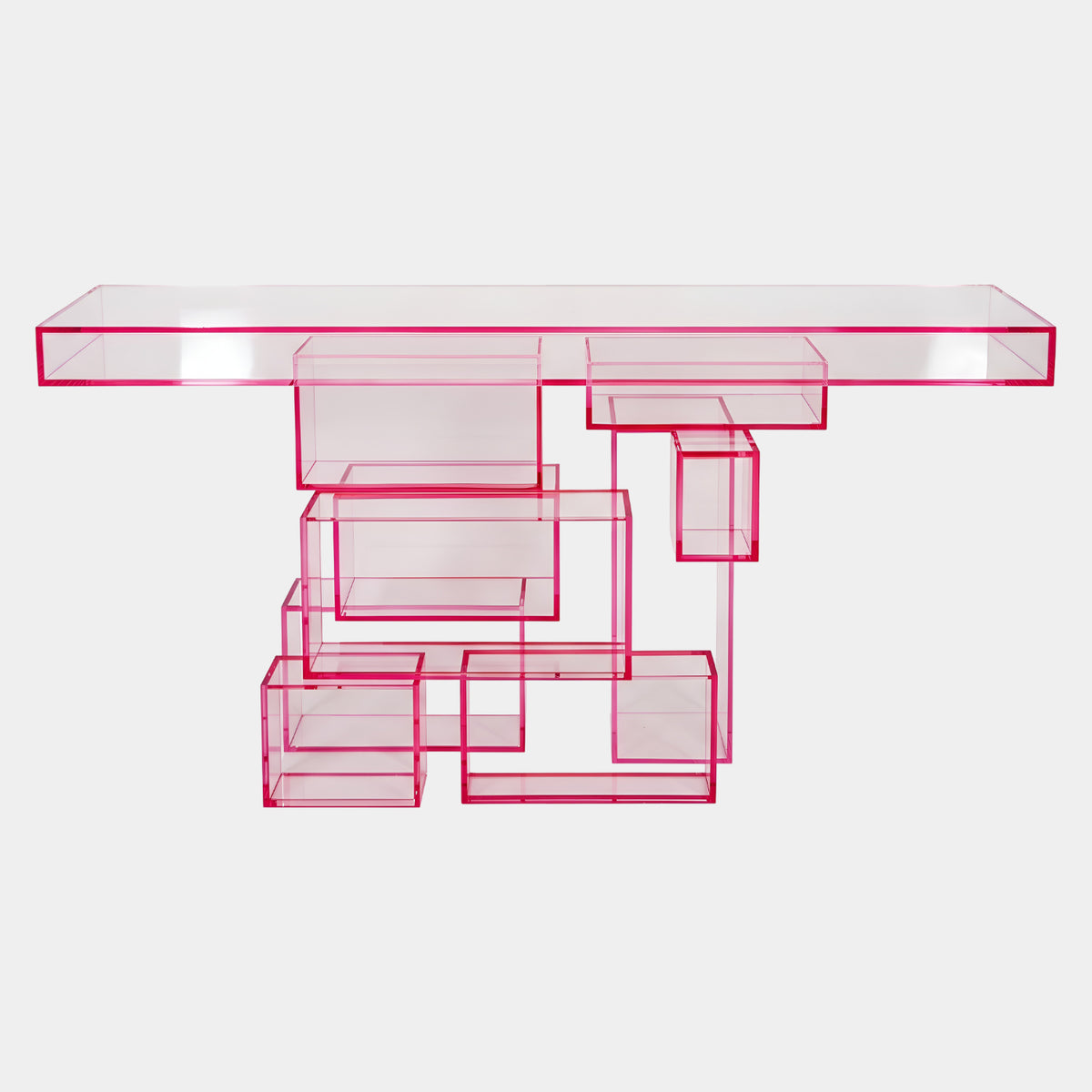 Clear Stacked Box Acrylic Console Table with Red Edges - 170cm, featuring offset clear acrylic boxes with red-lined edges, shown on a plain white background.