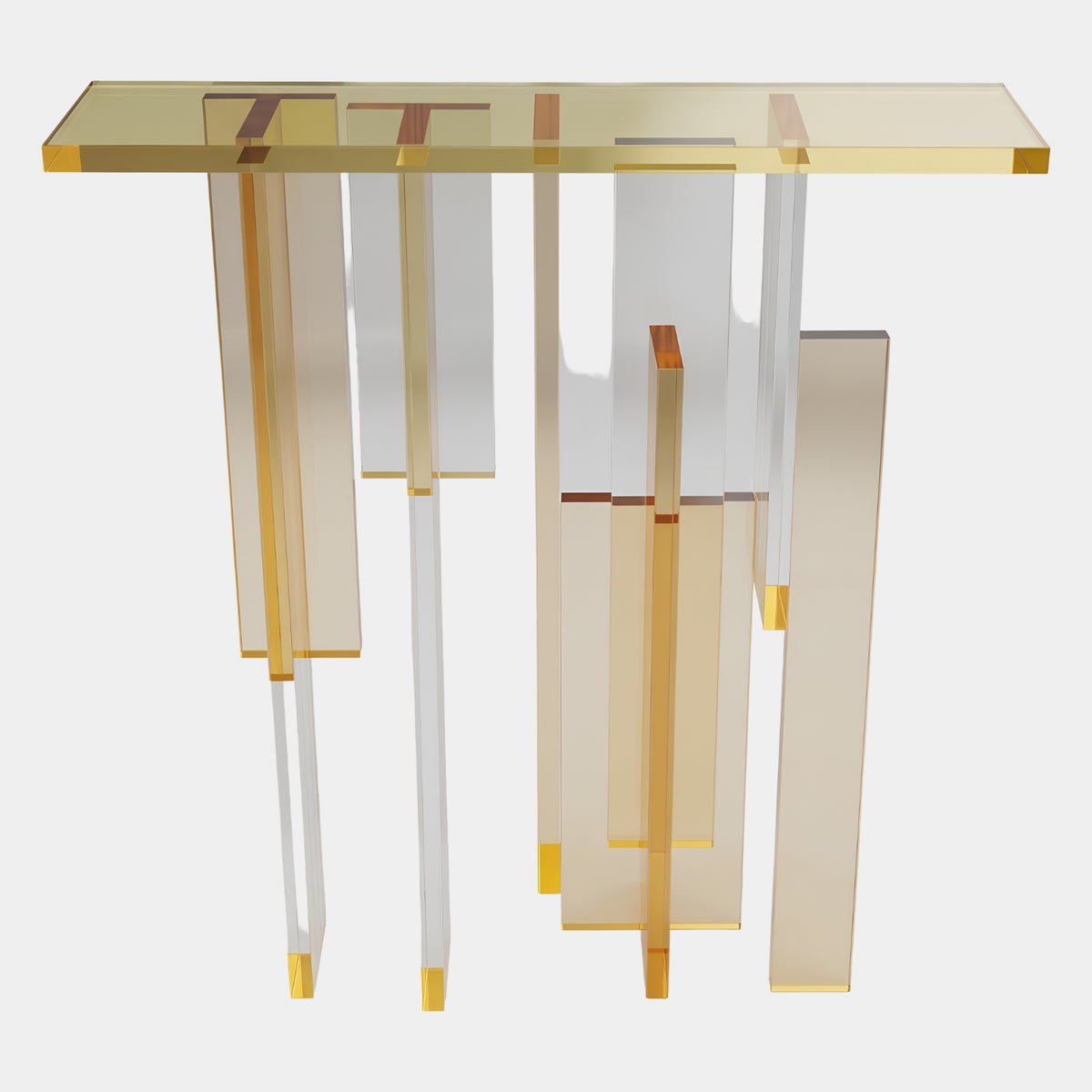 Amber Graded Blade Acrylic Console Table (110cm) by Giant Sculptures, with uneven amber acrylic blade supports beneath a flat top, shown on a plain white background.