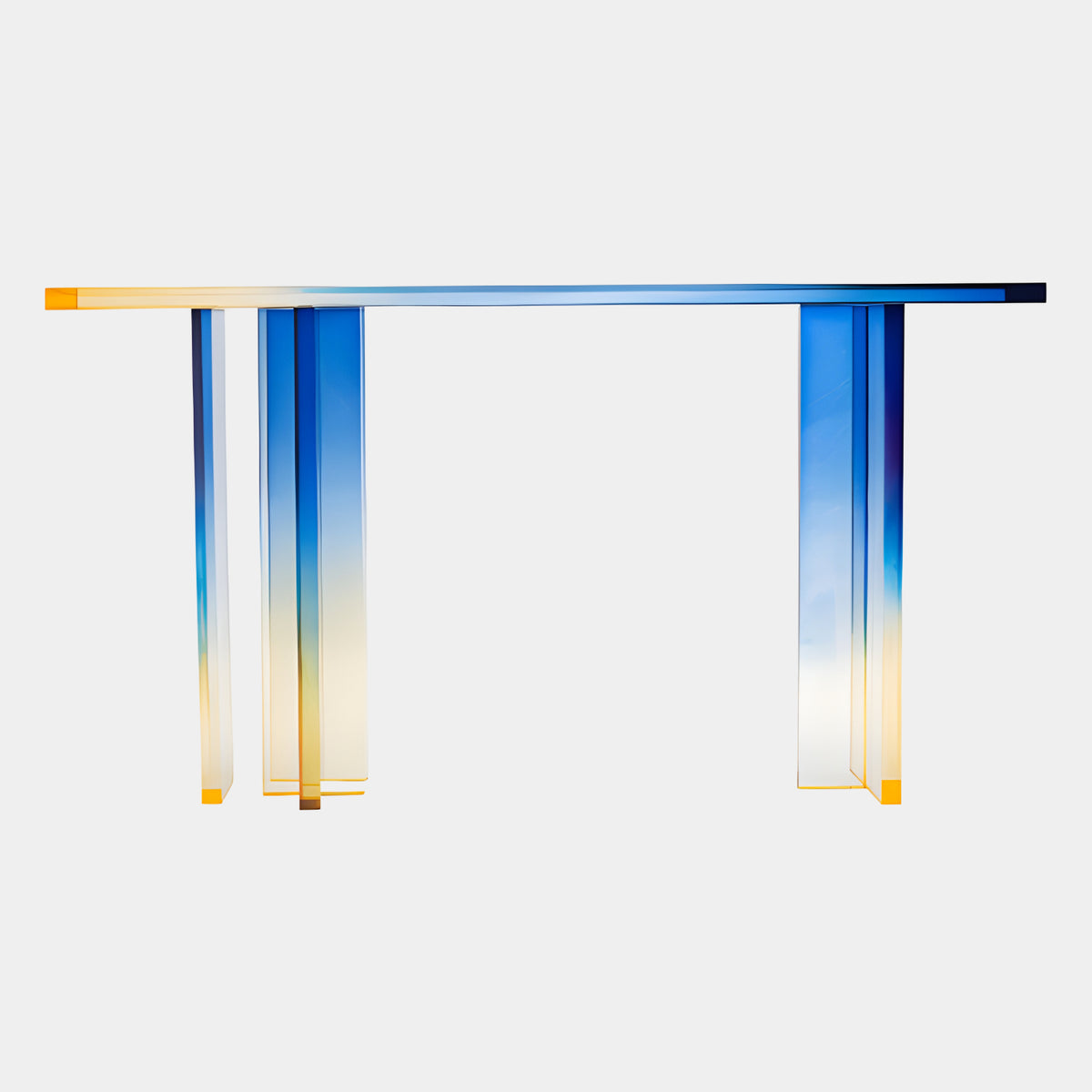 Blue to Amber Graded Acrylic Console Table, 140cm, with a thin blue-toned top fading to amber at the flat blade legs, shown on a plain white background.