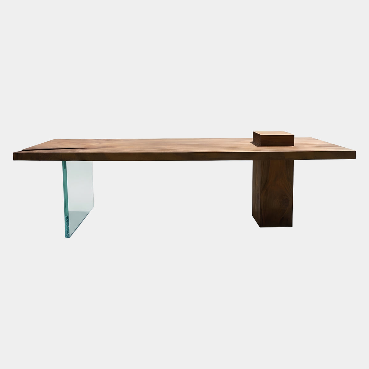 Brown Timber Slab Dining Table on Clear Acrylic, 280cm, with a solid wood block leg at one end and a clear acrylic panel support at the other, shown on a plain light background.
