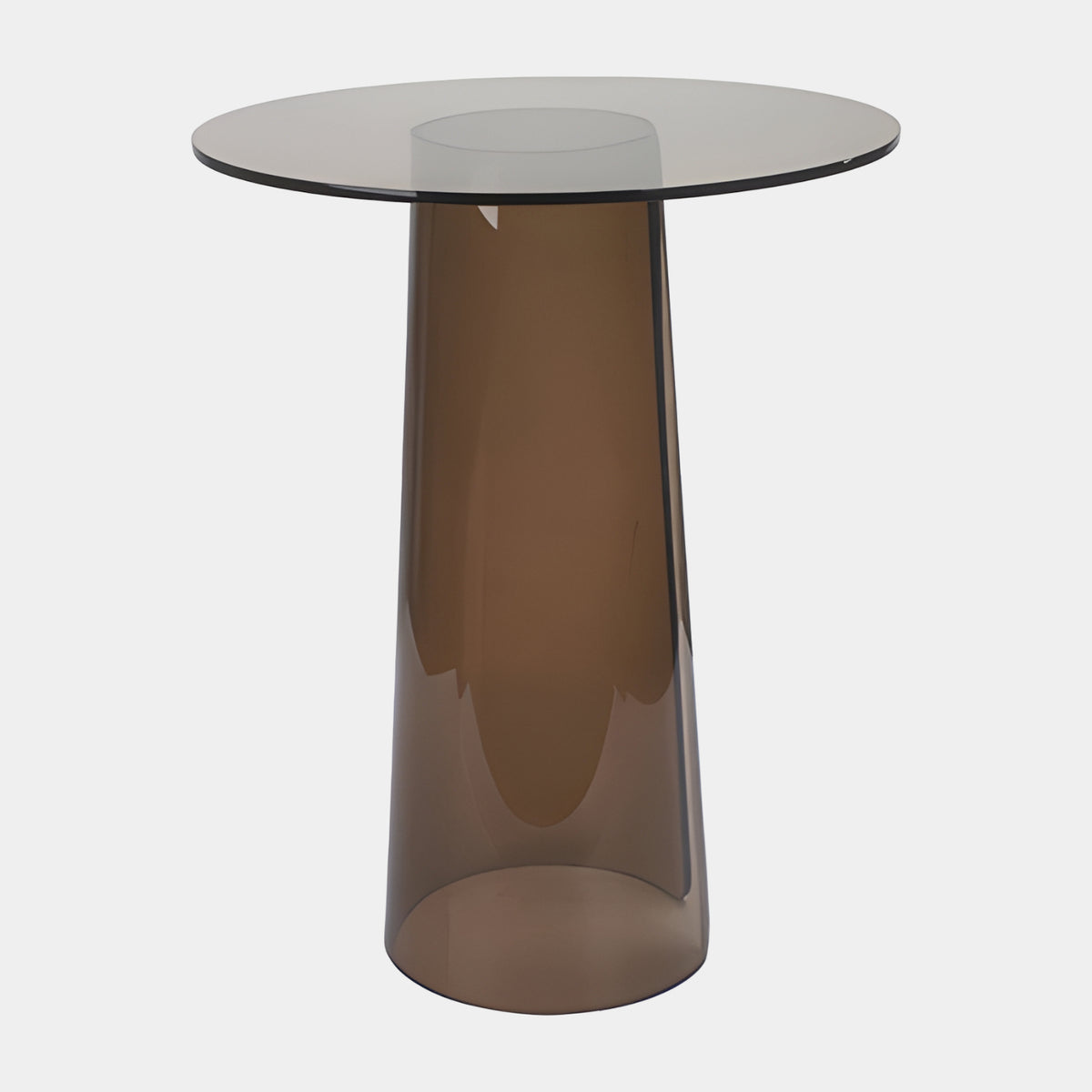 Brown Smoked Cone Base Acrylic Side Table - 55cm with round glass top on a closed, flared acrylic cone base, shown against a plain light grey background.