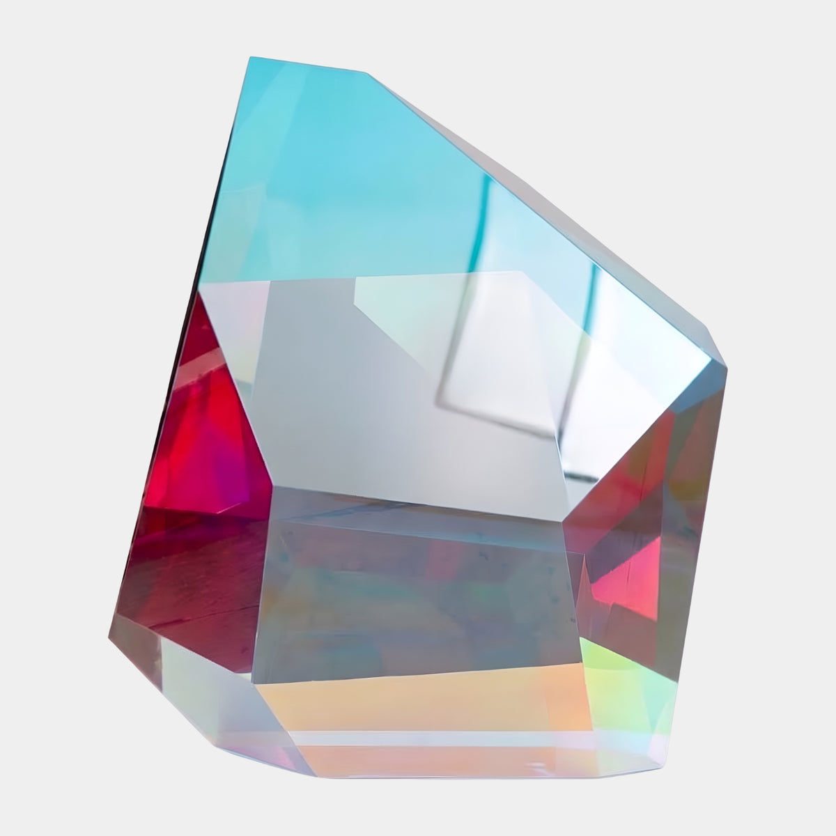 Iridescent Faceted Gem Form Acrylic Sculpture (160cm) by Giant Sculptures, a multifaceted crystal shape in teal, pink, and amber tones, shown against a plain white background.