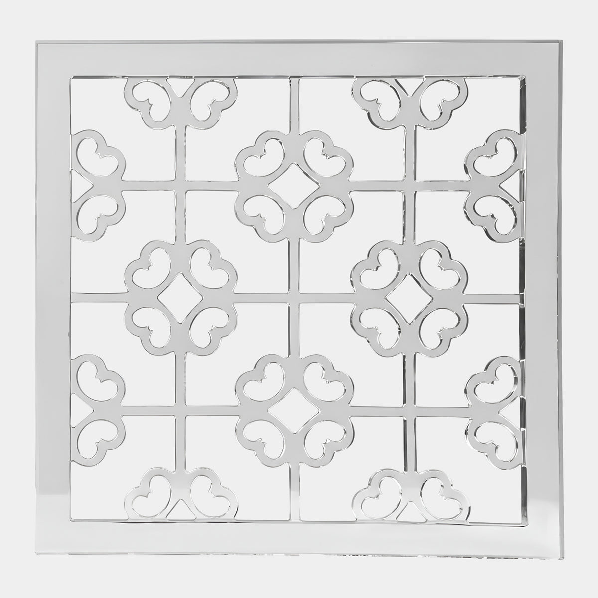 Clear Lattice Cut Acrylic Screen - 39cm, a square panel with scrolled quatrefoil motifs in a nine-square grid, shown against a plain white background.