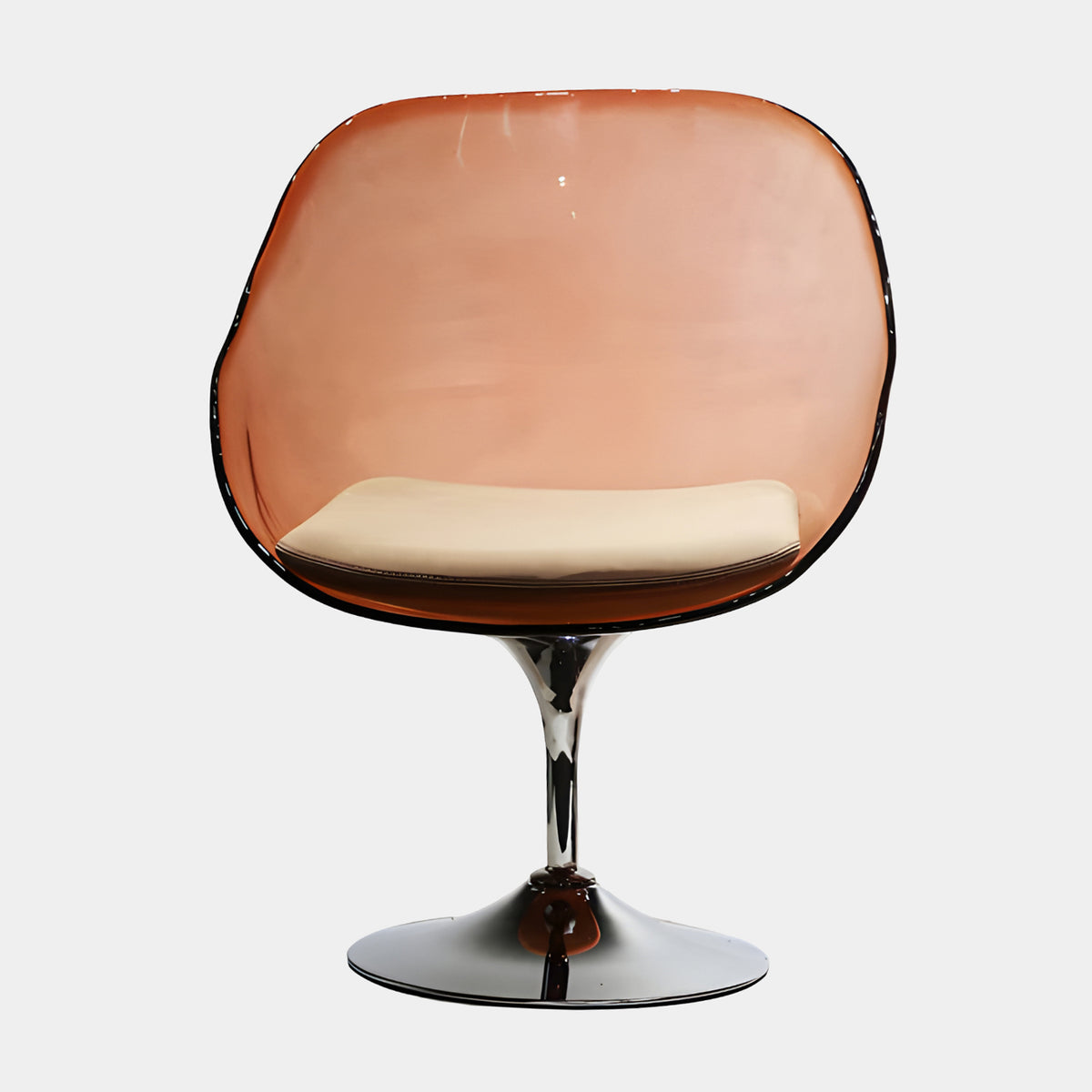 Orange Shell Acrylic Swivel Armchair on Chrome Base, 80cm, with cream seat pad and flared trumpet stem, shown on a plain white background.