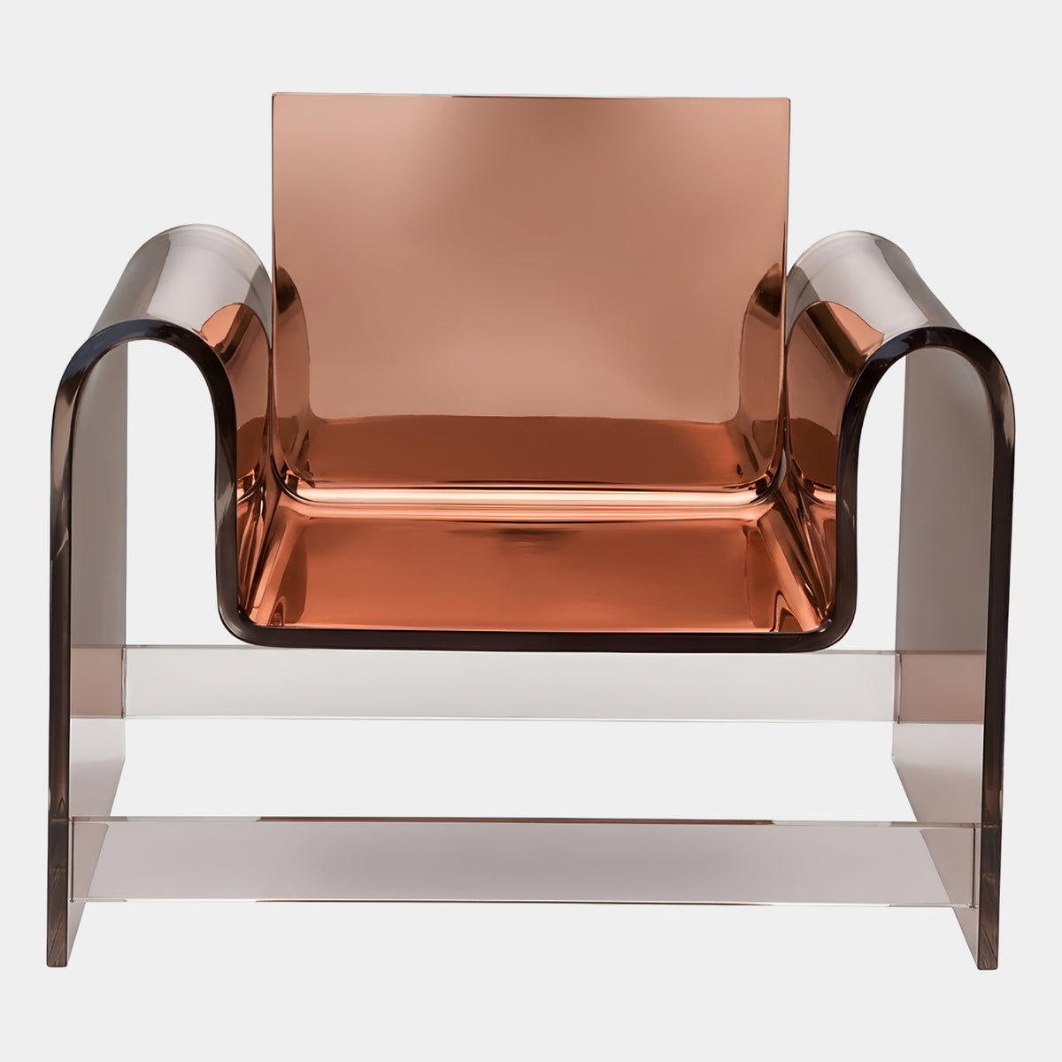 Pink Smoked Arched Panel Acrylic Lounge Armchair, 80cm, with curved arched legs and arms in translucent smoked pink acrylic, shown on a plain white background.
