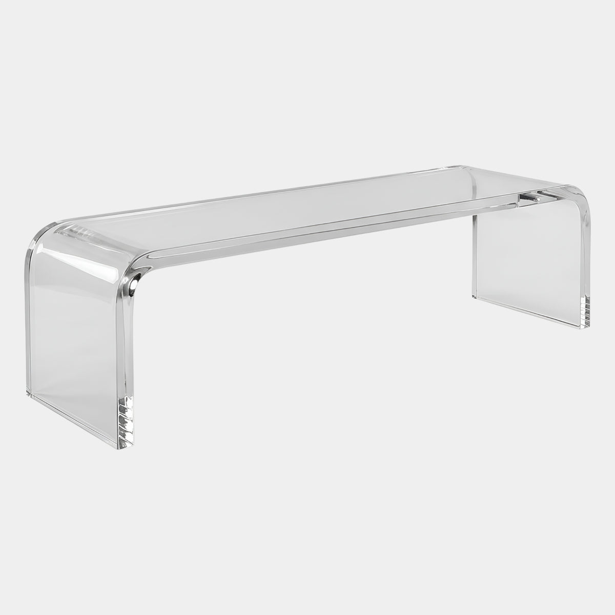 Clear Bent Sheet Acrylic Bench, 220cm, shown in clear acrylic with a single curved sheet forming seat and legs, set against a plain light grey background.