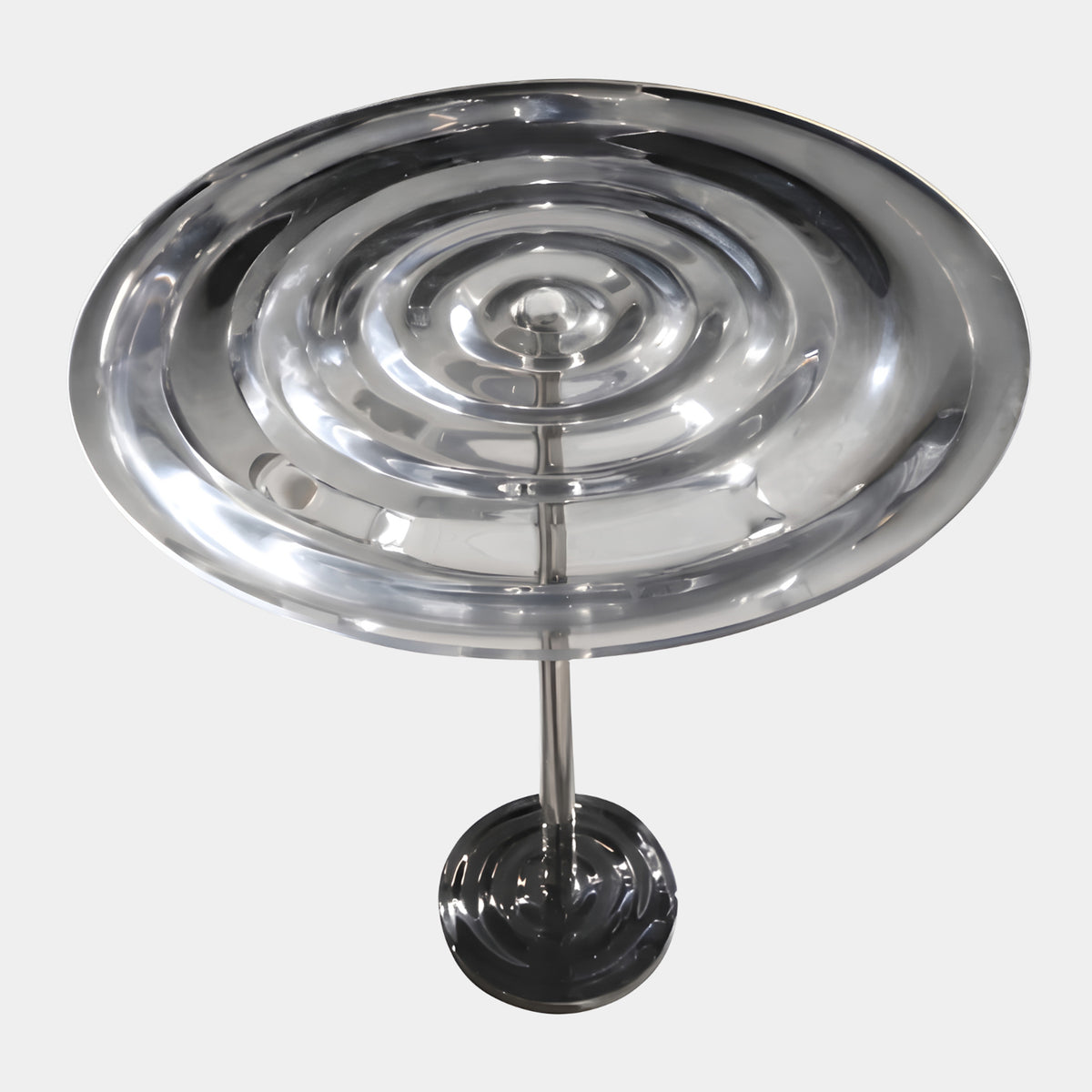 Clear Concentric Ring Acrylic Side Table on Stem (71cm) by Giant Sculptures, rippled disc top on a polished metal stem and foot, plain white background.