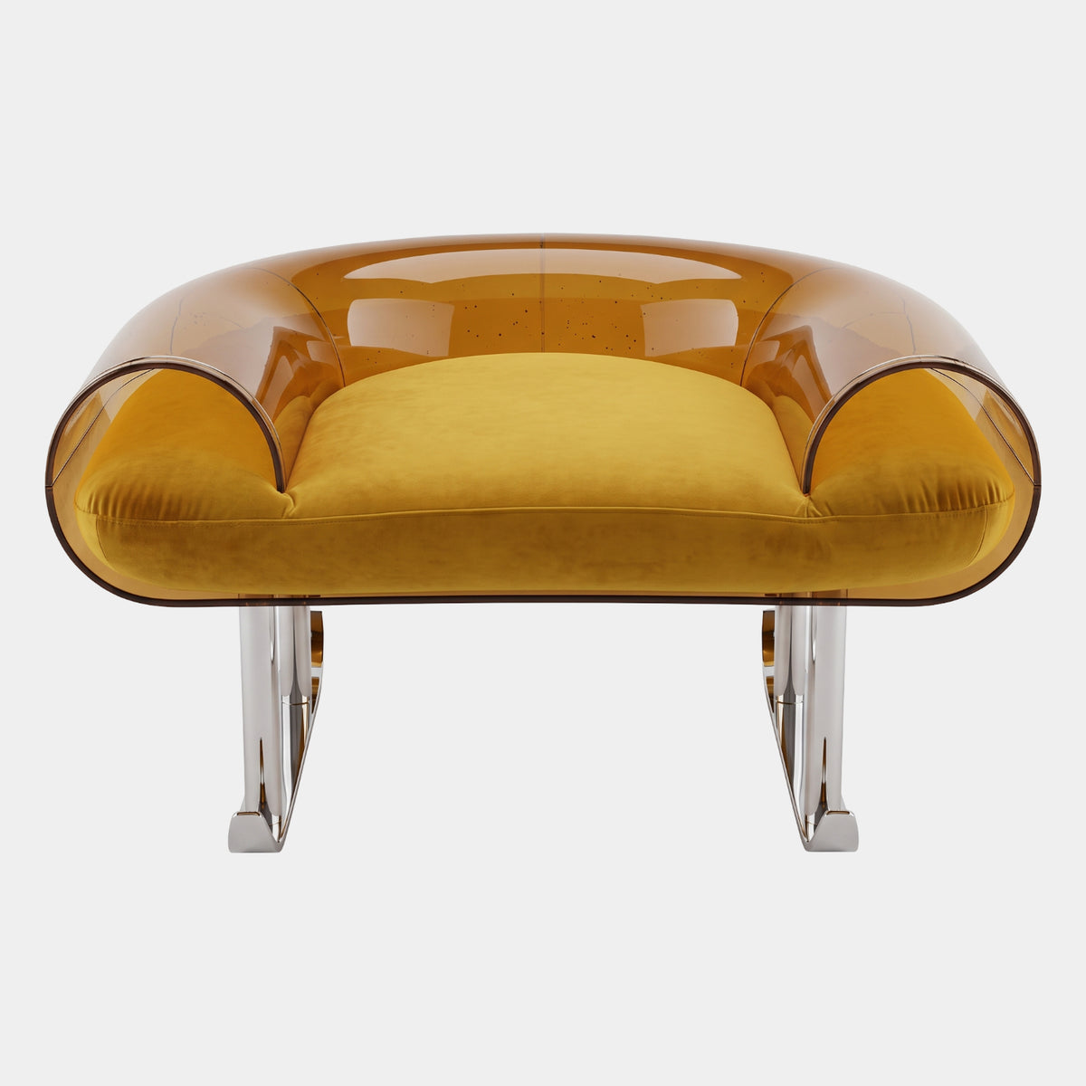 Amber & Mustard Scroll Arm Acrylic Tub Armchair, 98cm, with translucent amber shell, mustard velvet cushion, and chrome sled legs on a plain white background.