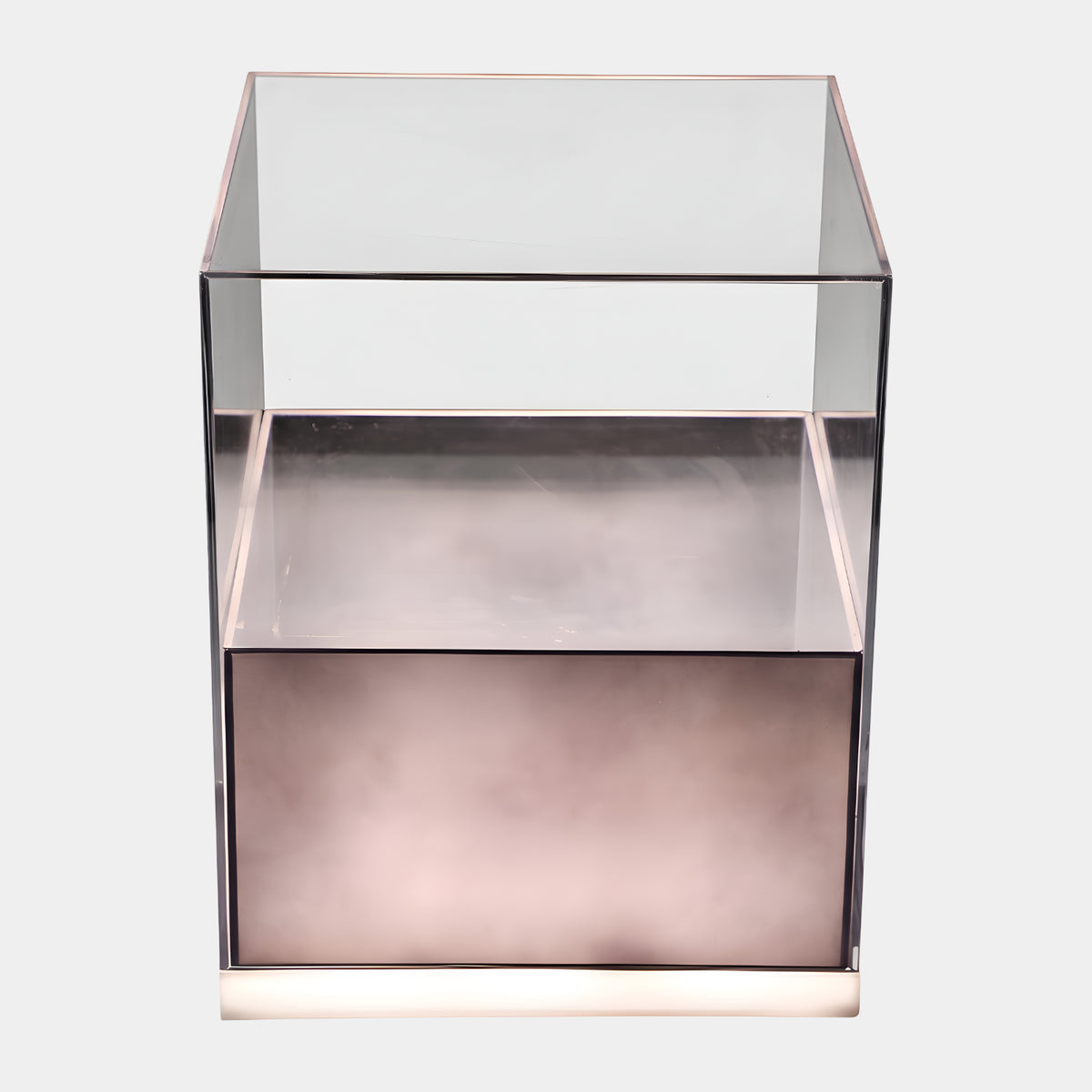 Clear & Smoke Light Panel Acrylic Cube Table - 45cm with an open acrylic top and a mottled smoky rose-grey light panel base, shown on a plain white background.