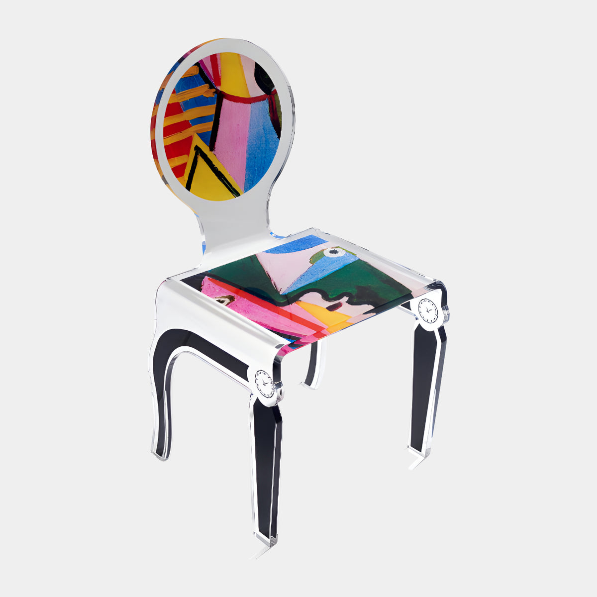 Clear Medallion Back Acrylic Chair with Abstract Print, 92cm, with black-edged curved legs and a colorful geometric print on the oval back and seat, shown on a plain white background.