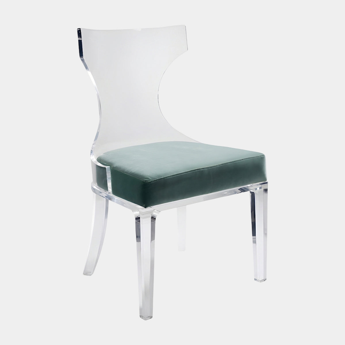 Clear Scooped Back Acrylic Chair with Slate Seat - 92cm, clear acrylic frame with tapered legs and slate grey-green cushion, shown on a plain white background.