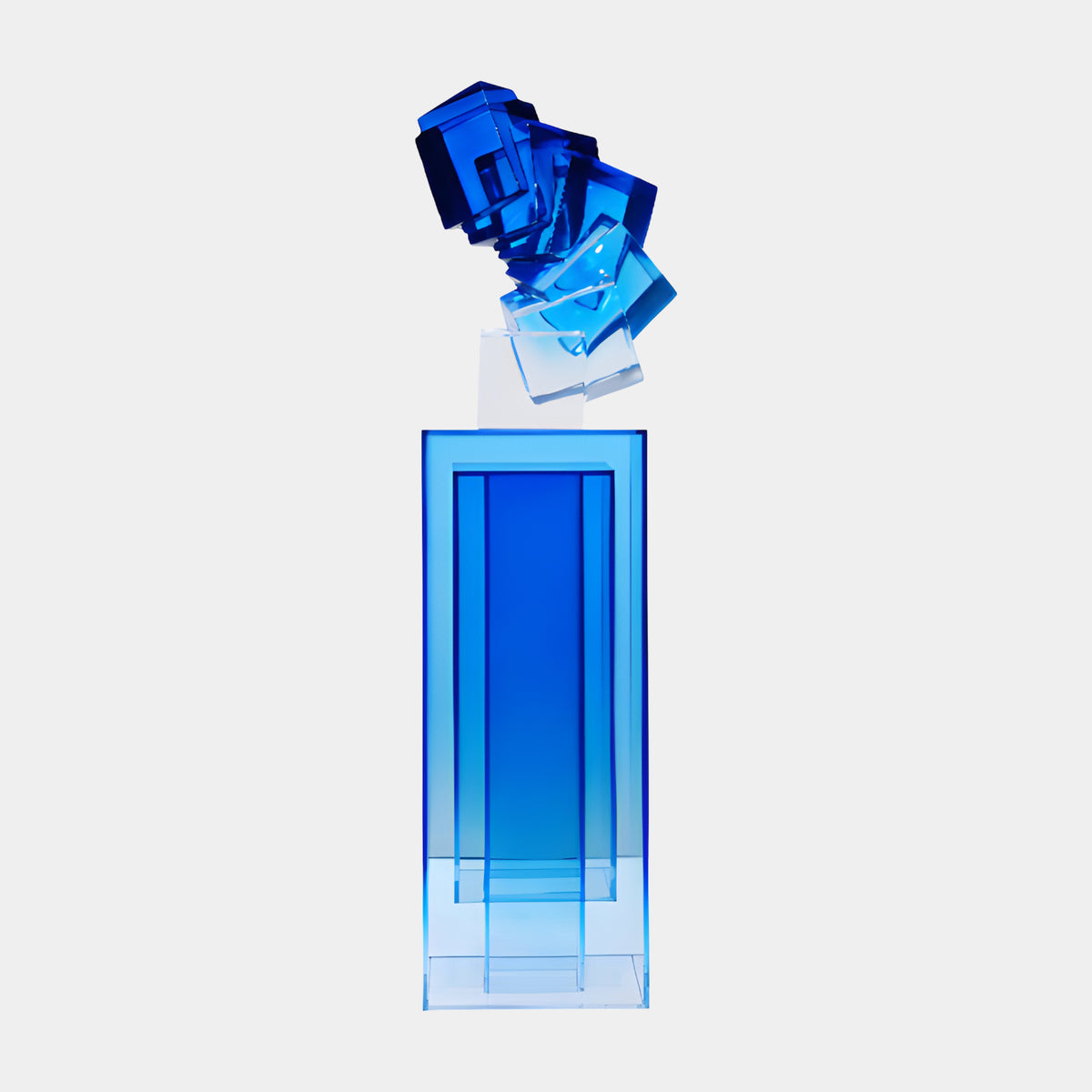 Blue Stacked Cube Resin Sculpture on Acrylic Pedestal - 151cm, cast resin cubes in deep and pale blue tones atop a nested blue acrylic pedestal, on a plain light background.