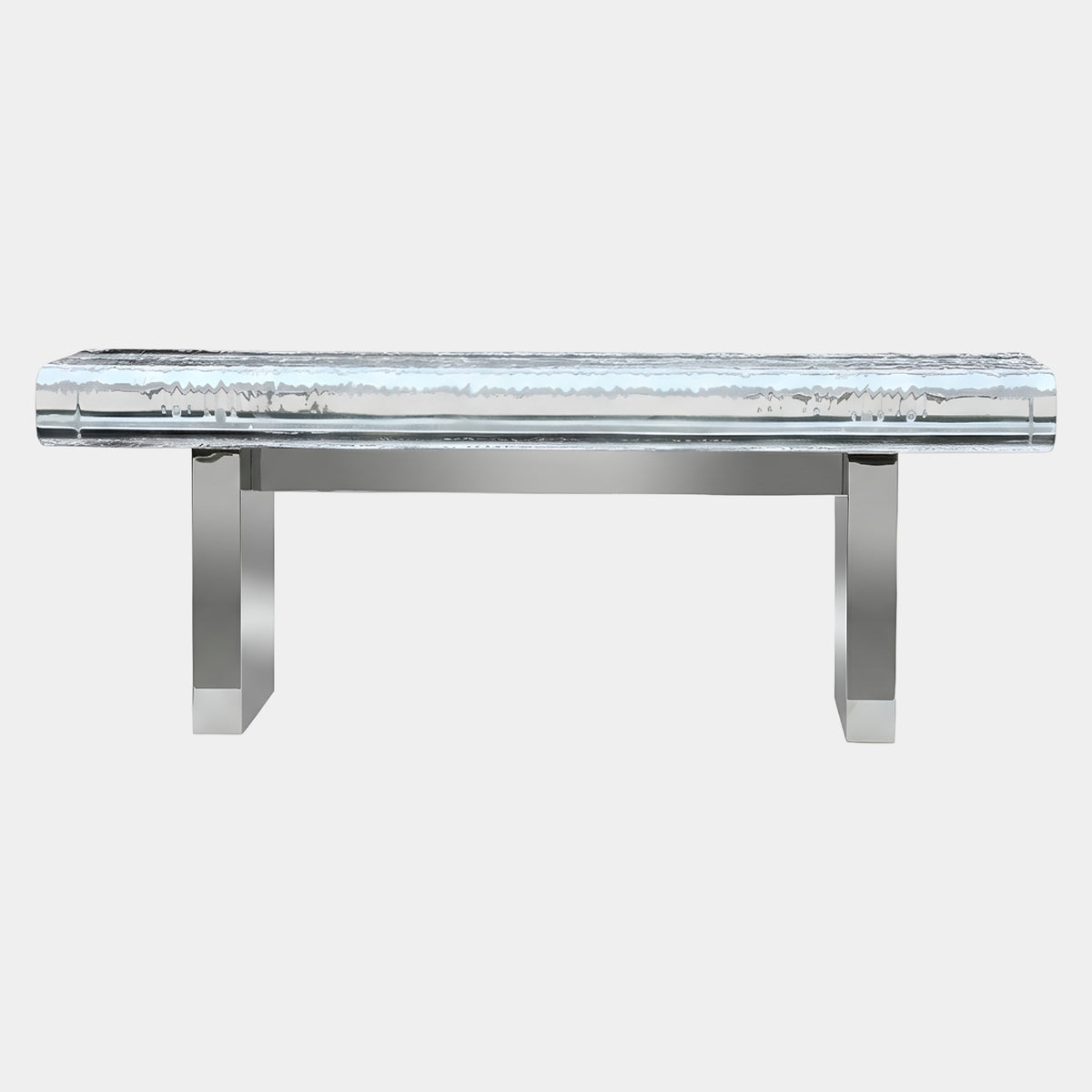 Clear Textured Top Acrylic Bench on Polished Trestle, 120cm, with jagged-edged acrylic seat on a silver metal frame, shown against a plain white background.