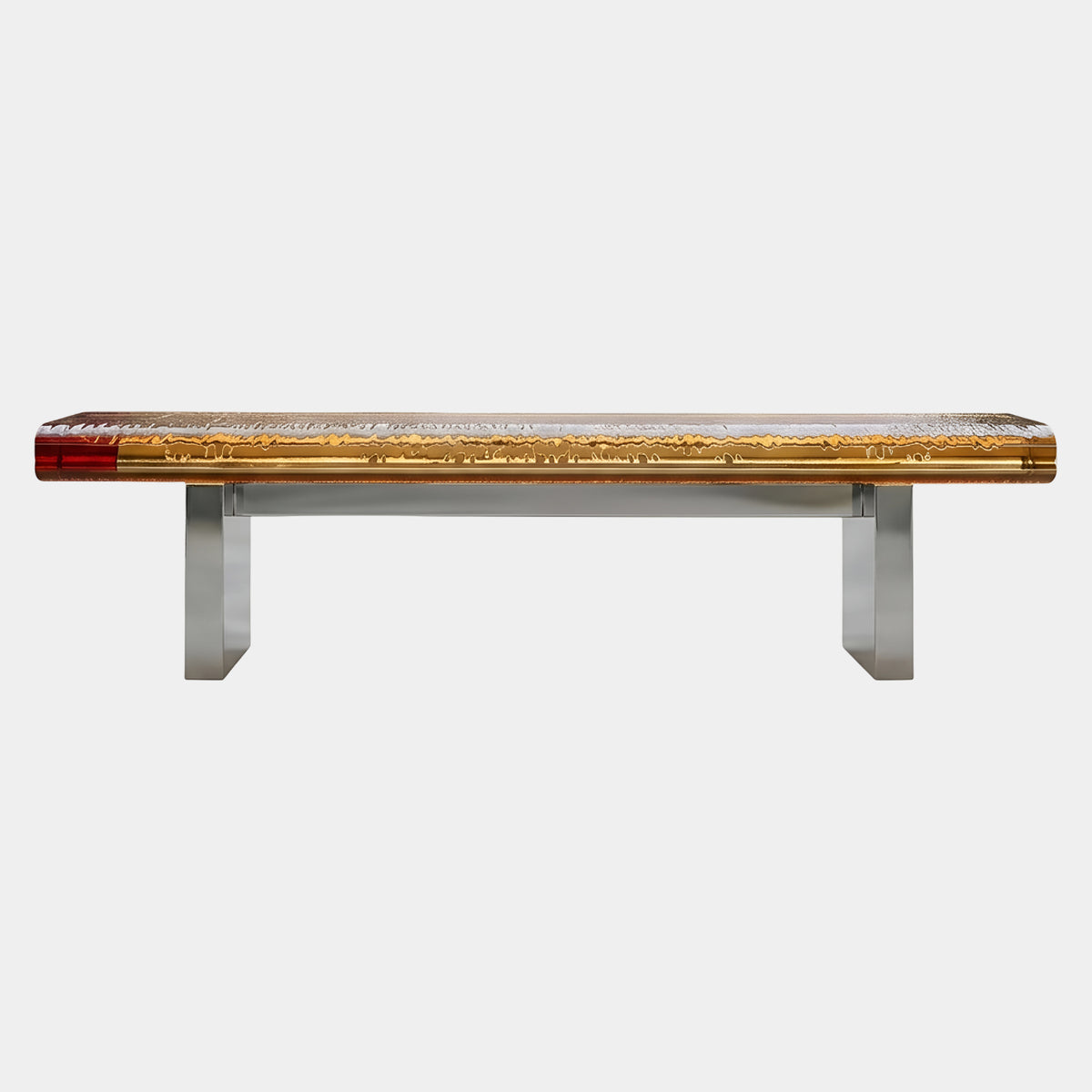 Amber Rippled Panel Acrylic Bench on Polished Blades, 160cm, with a honey-toned rippled acrylic top and polished stainless steel leg supports, shown on a plain white background.