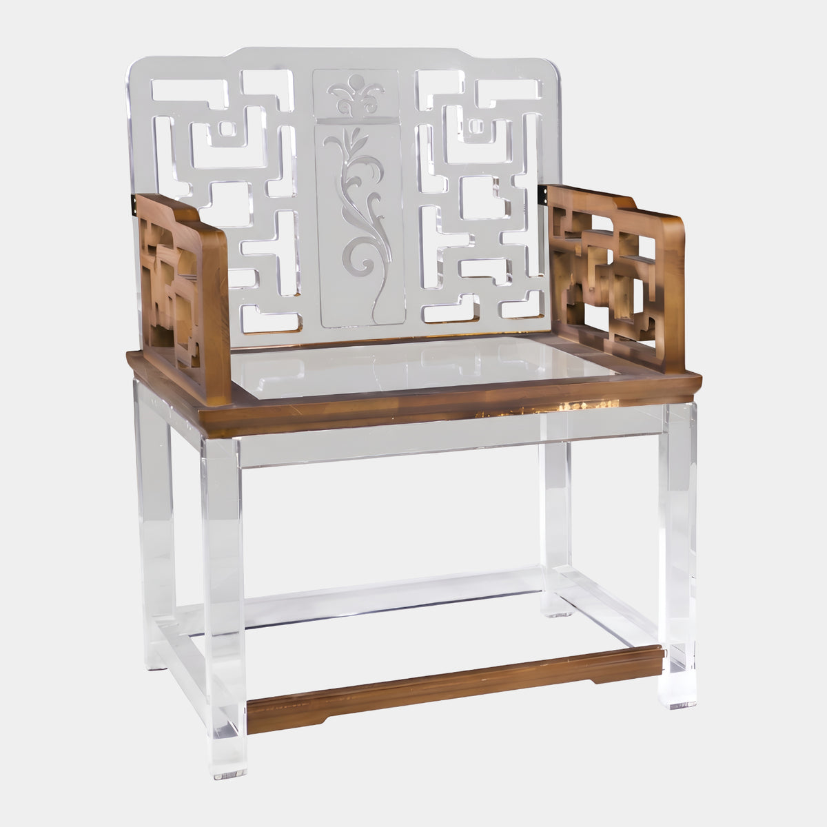 Clear & Ash Fret Cut Acrylic Armchair, 87cm, with clear acrylic legs, ash arm panels and fret-cut back featuring a carved scrolling flower, on a plain white background.